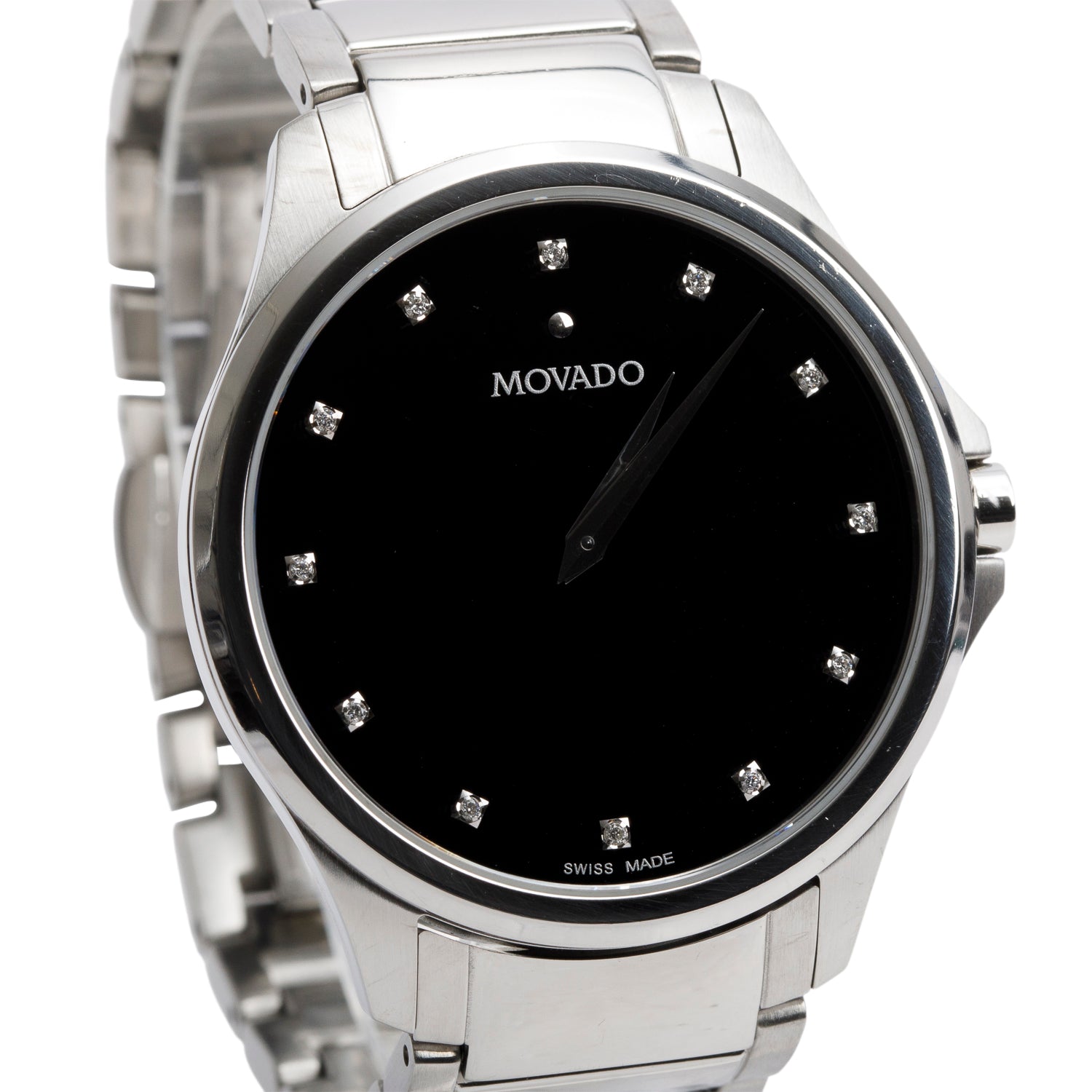 Movado Stainless Steel Masino 40 MM Quartz Watch Black Diamond Dial w/ Box