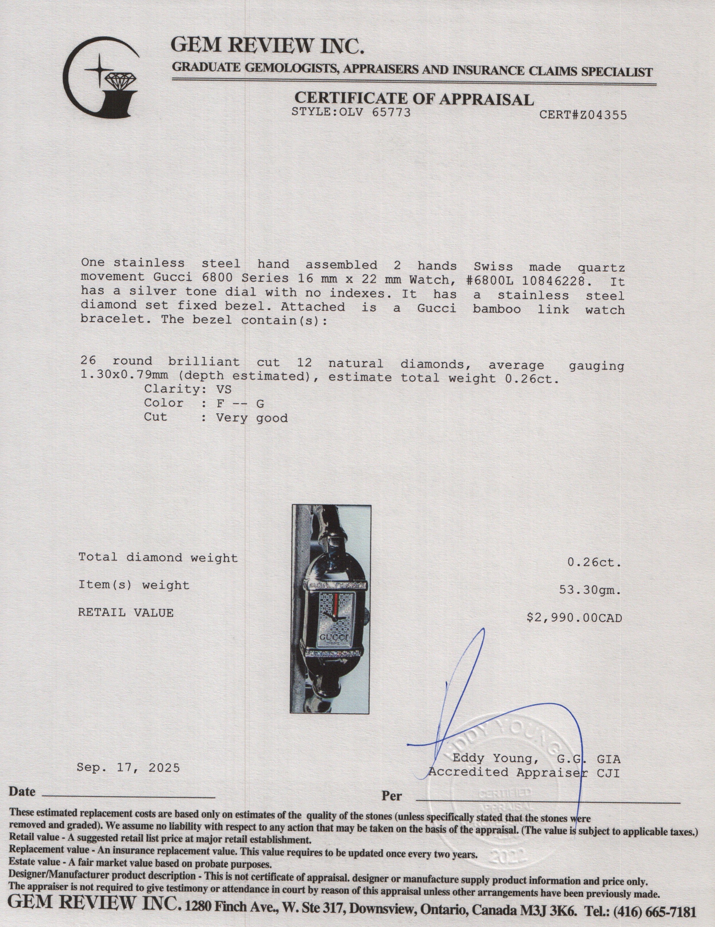 Gucci Stainless Steel Diamond Bezel 6800 Series Watch w/ Box & Papers