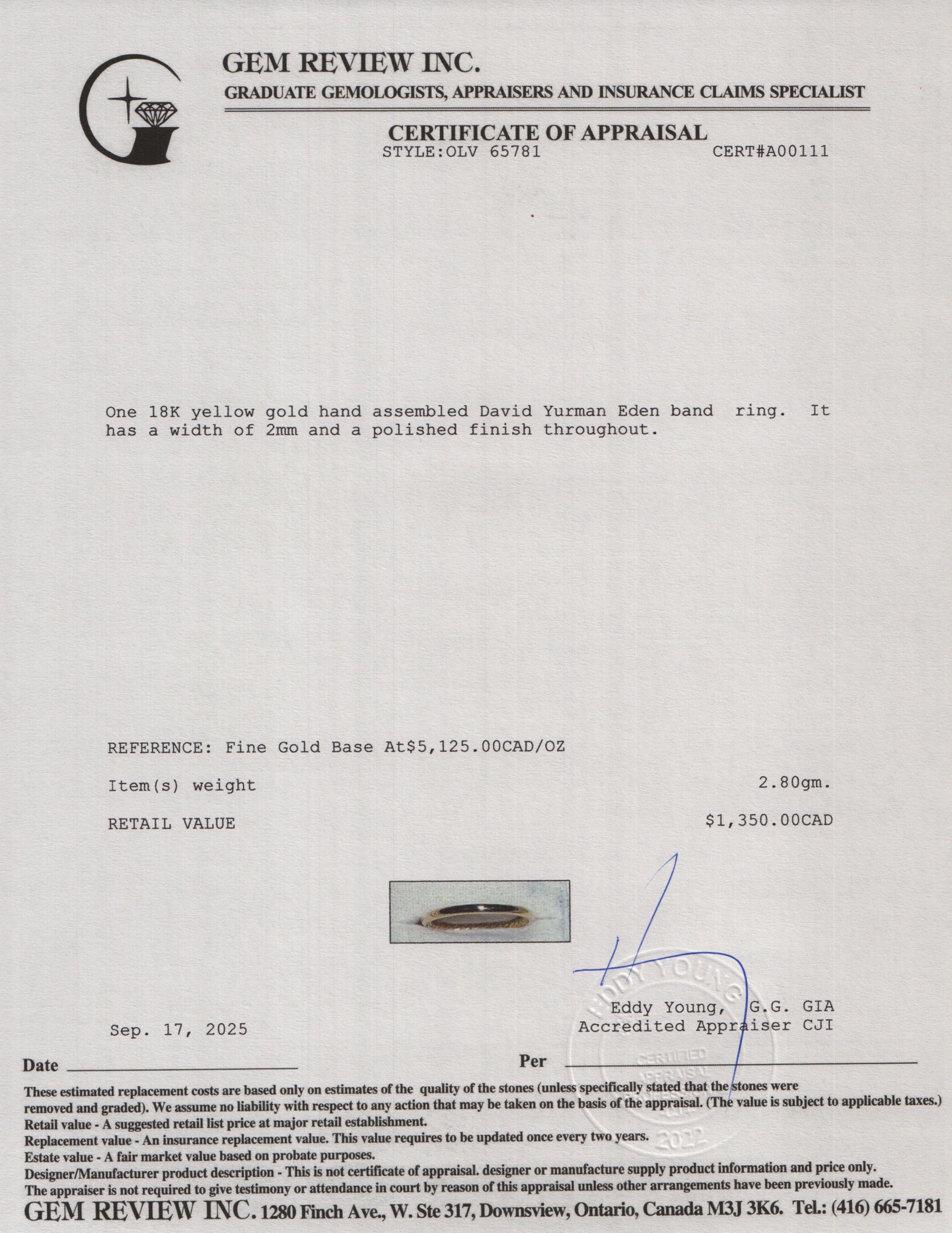 David Yurman 18k Yellow Gold Eden 2 MM Band Ring, Size 6.5 w/ Box