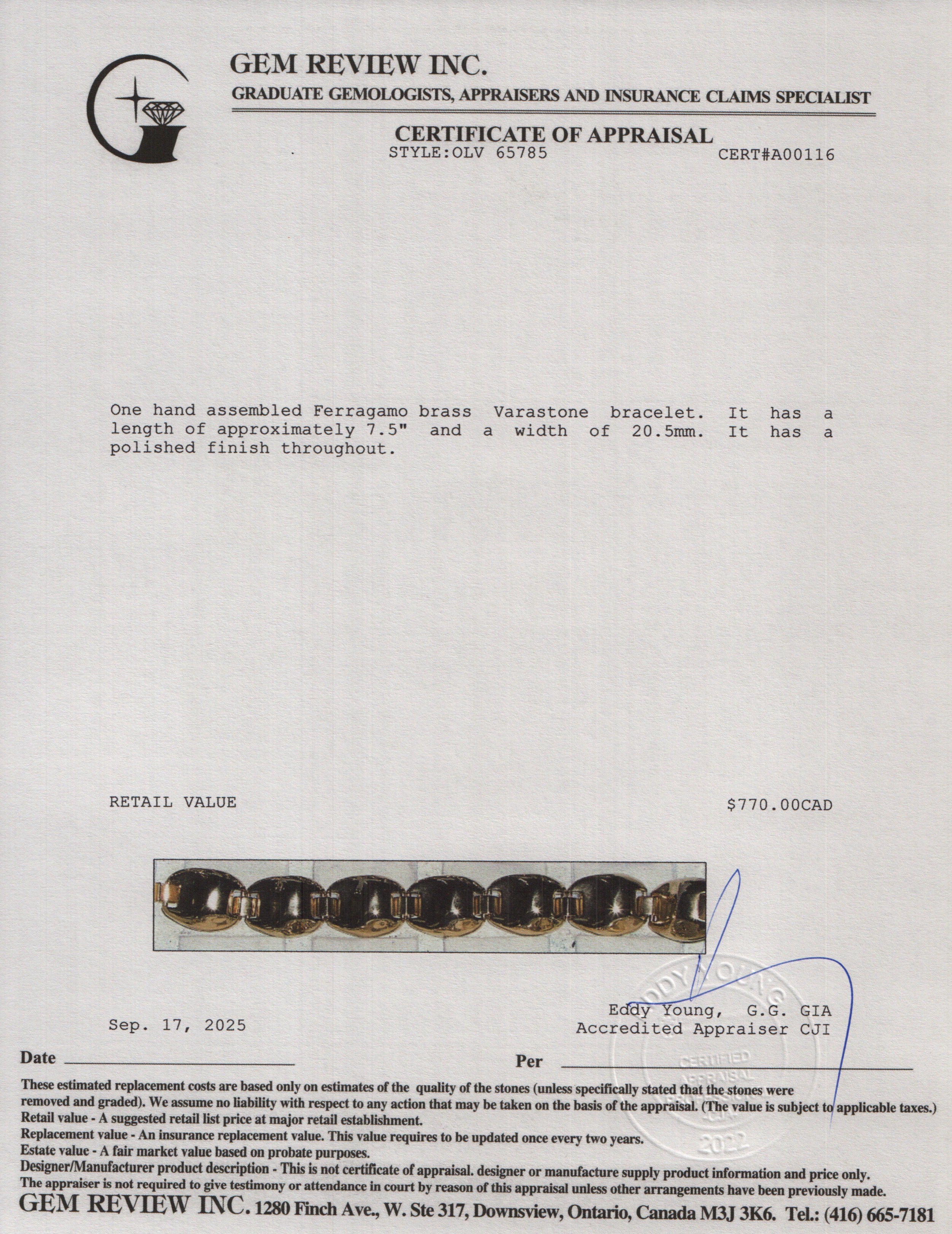 Ferragamo Brass Varastone Bracelet w/ Box