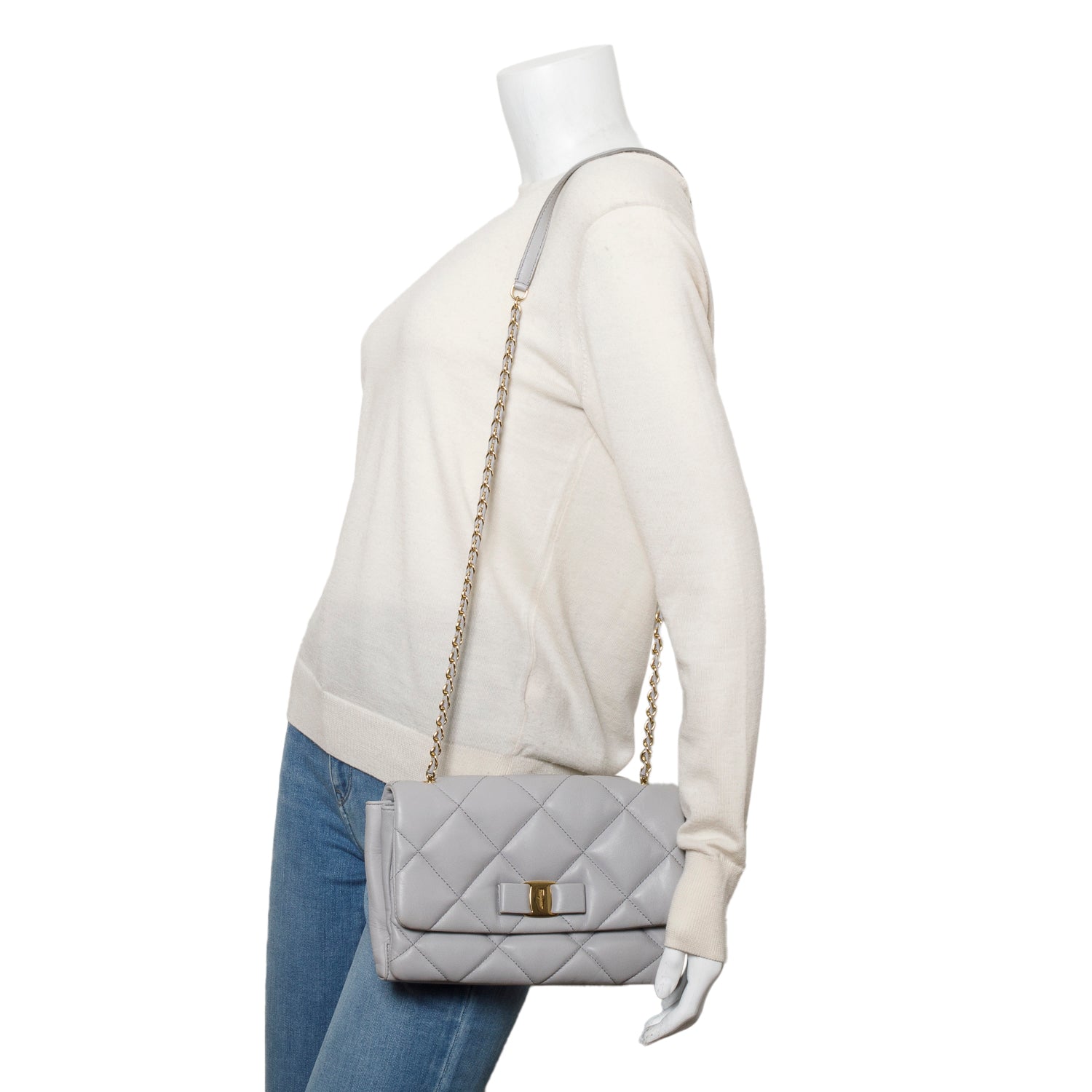 Ferragamo Grey Quilted Nappa Ginny Leather Crossbody Bag