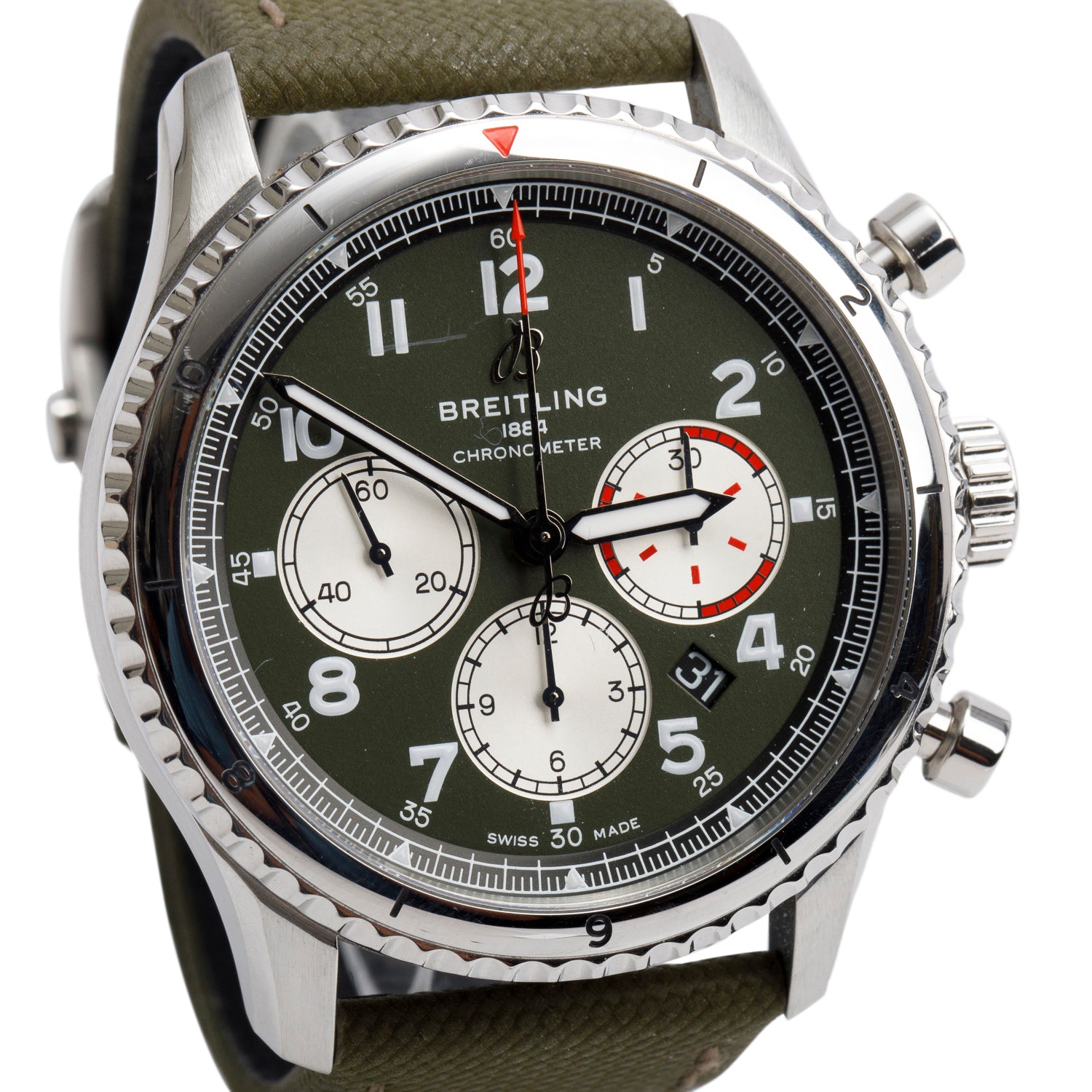 Breitling Stainless Steel Navitimer Aviator 8 Curtiss Warhawk 43 MM Automatic Chronograph Watch Green Dial AB0119 w/ Box & Papers