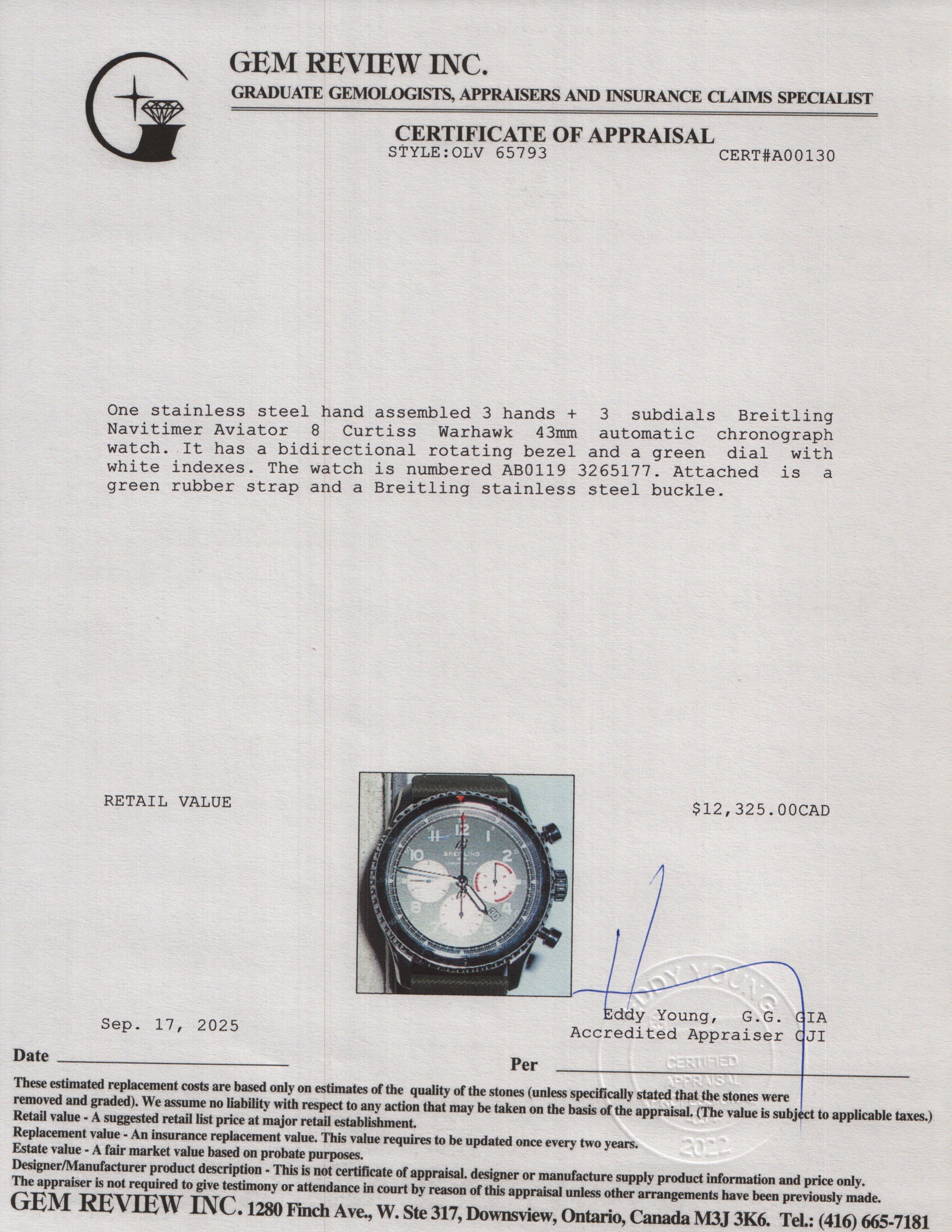 Breitling Stainless Steel Navitimer Aviator 8 Curtiss Warhawk 43 MM Automatic Chronograph Watch Green Dial AB0119 w/ Box & Papers