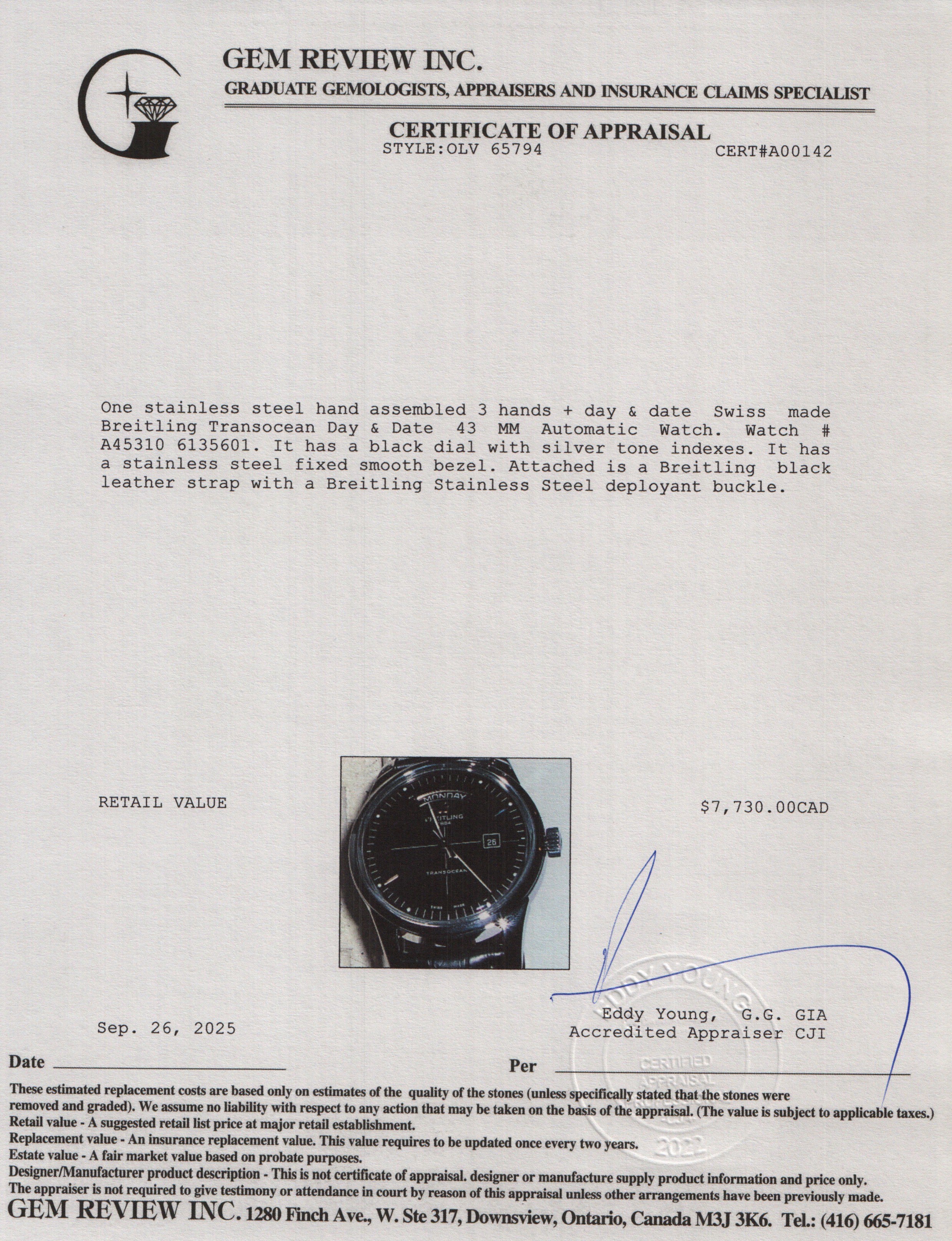 Breitling Stainless Steel Transocean Day & Date 43 MM Automatic Watch A45310 Black Dial w/ Box & Papers