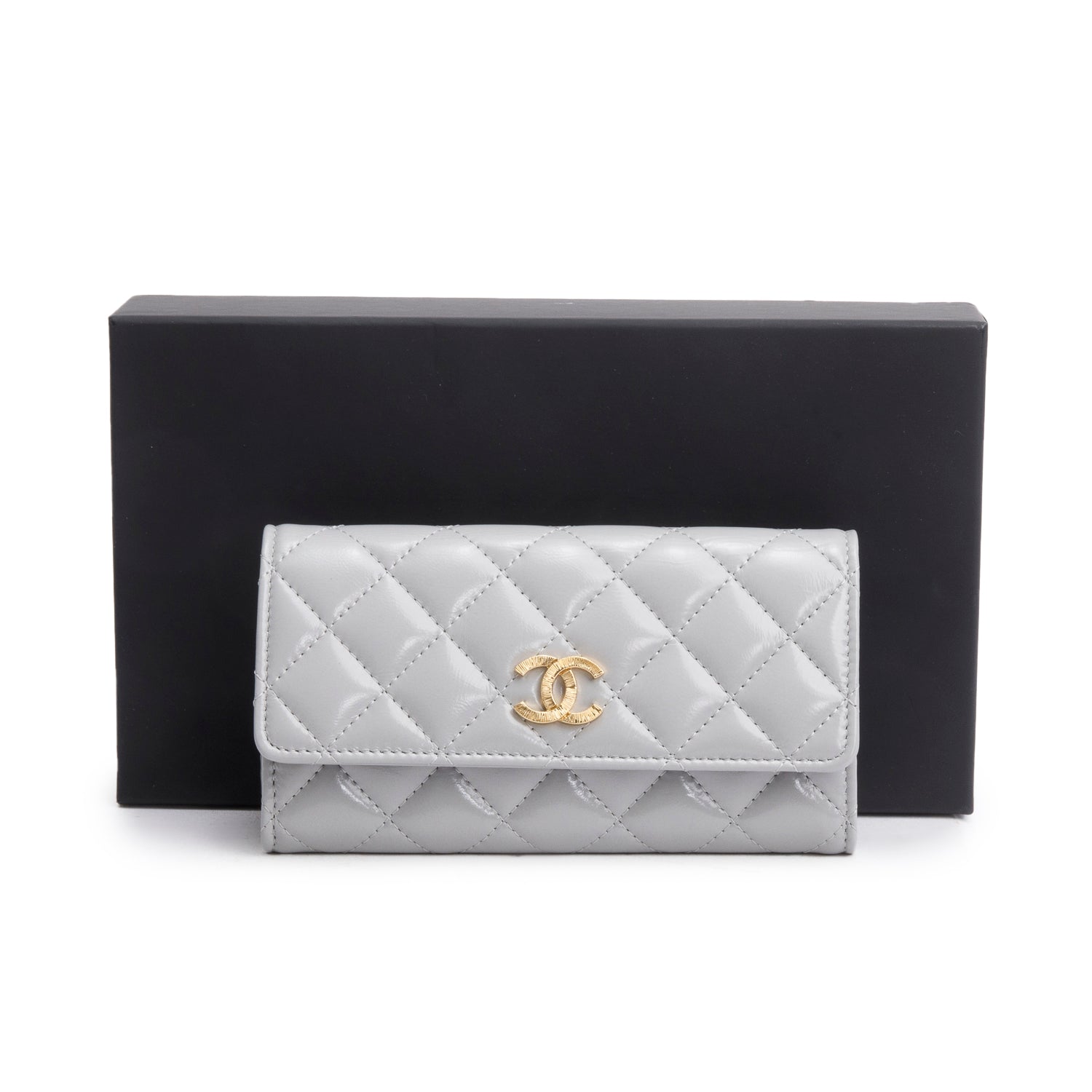 Chanel Grey Shiny Calfskin Leather Classic Small Flap Wallet w/ Box