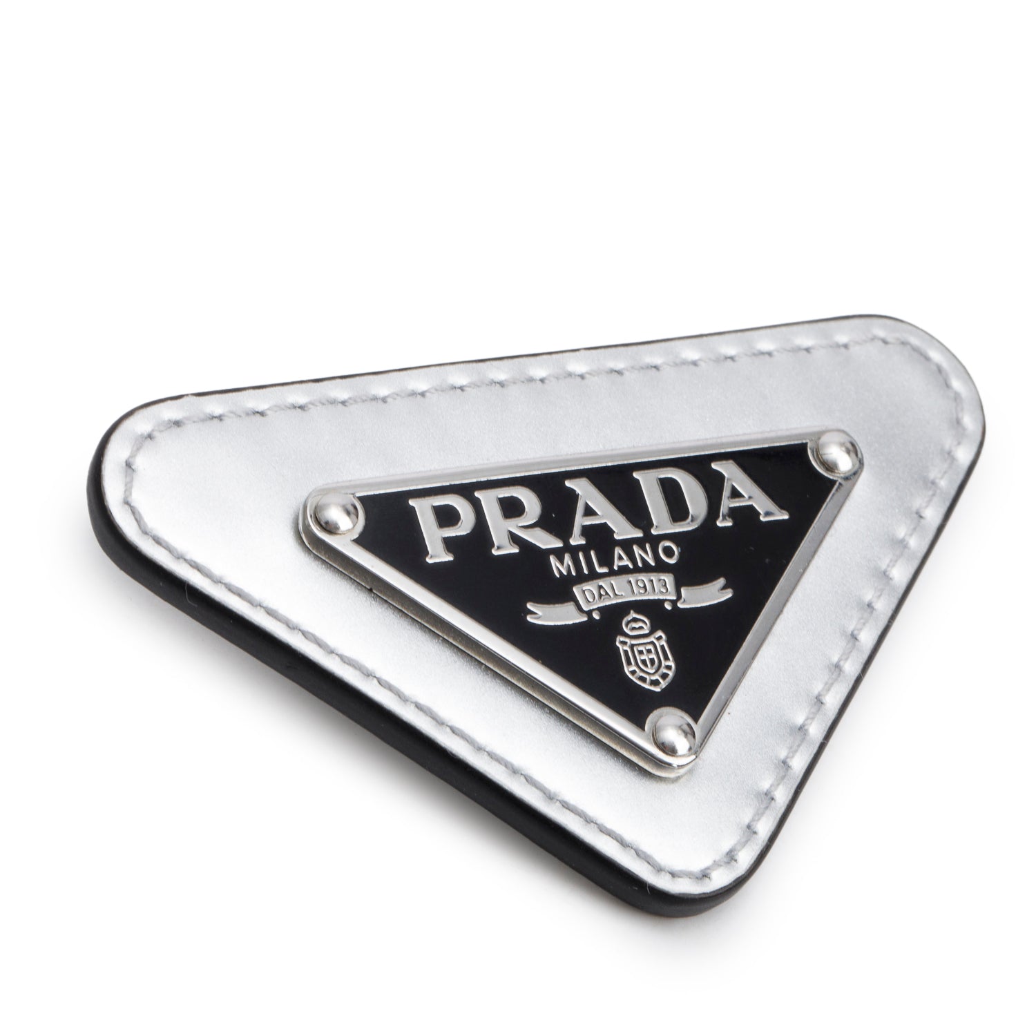 Prada Silver Leather & Enamel Triangle Pin Brooch