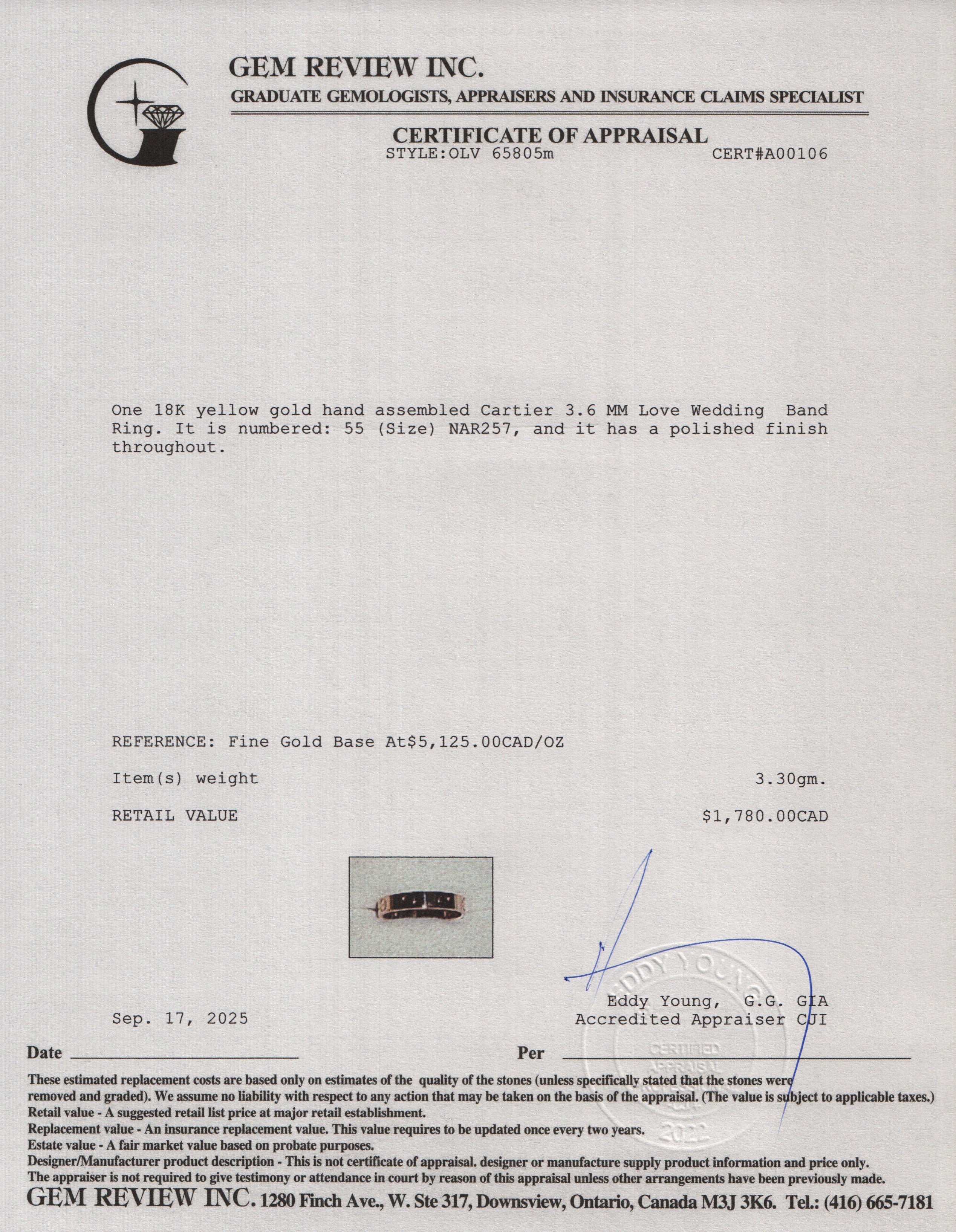 Cartier 2022 18k Yellow Gold 3.6 MM Love Wedding Band Ring, Size 55 7.25 w/ Box, Receipt & Certificate