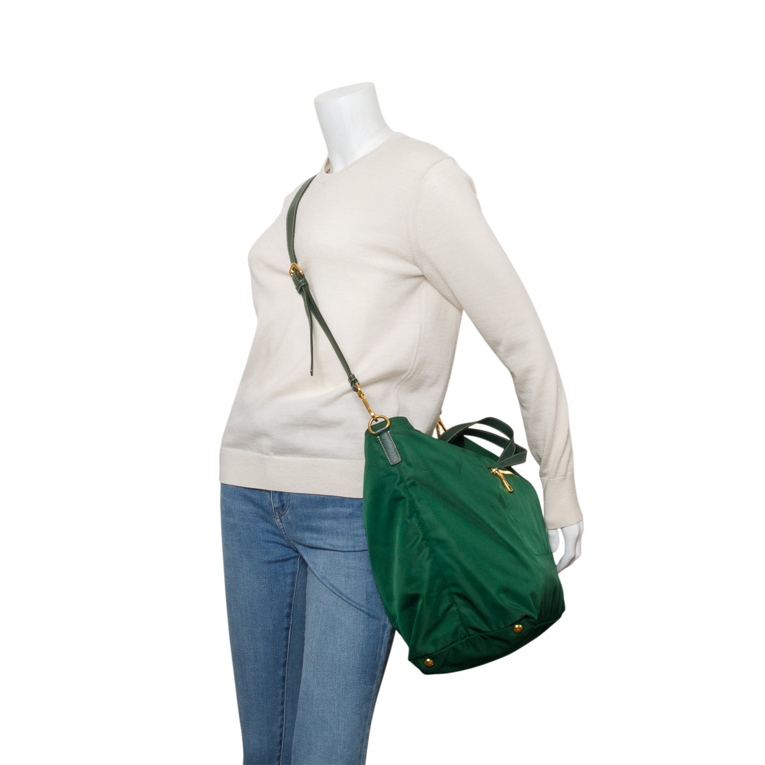 Prada Green Saffiano-Trimmed Tessuto Nylon Tote w/ Strap