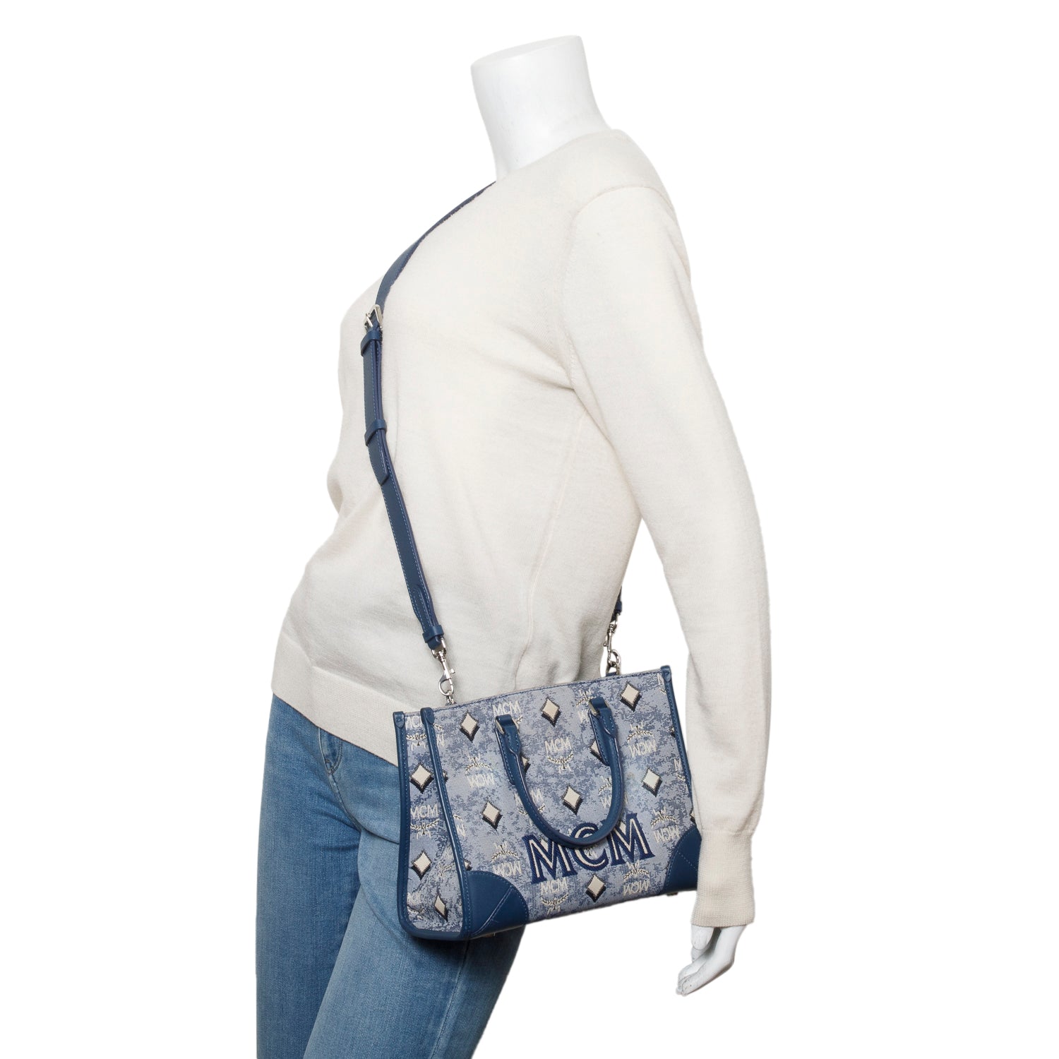 MCM Blue Vintage Monogram Jacquard Small Munchen Tote w/ Strap