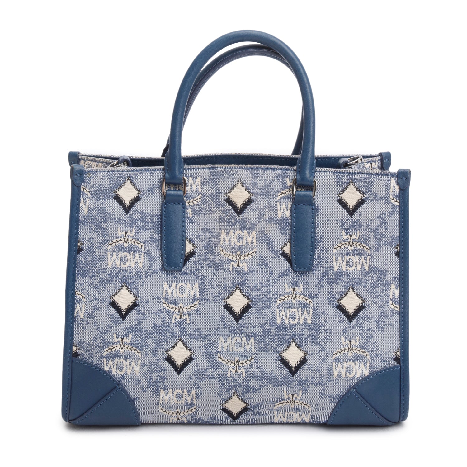 MCM Blue Vintage Monogram Jacquard Small Munchen Tote w/ Strap