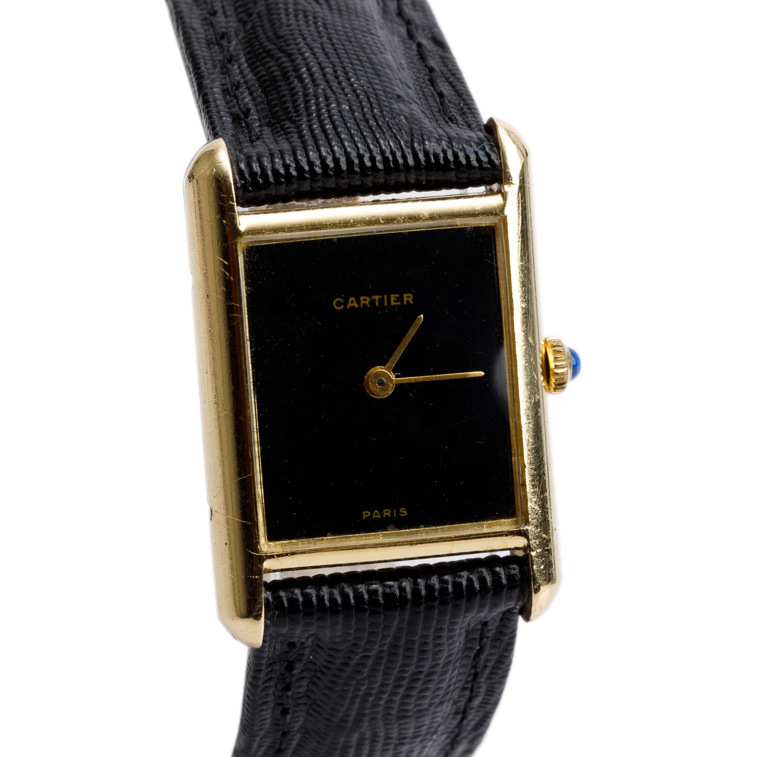 Cartier Vintage 18k Yellow Gold Must de Cartier Tank Manual Watch Black Dial