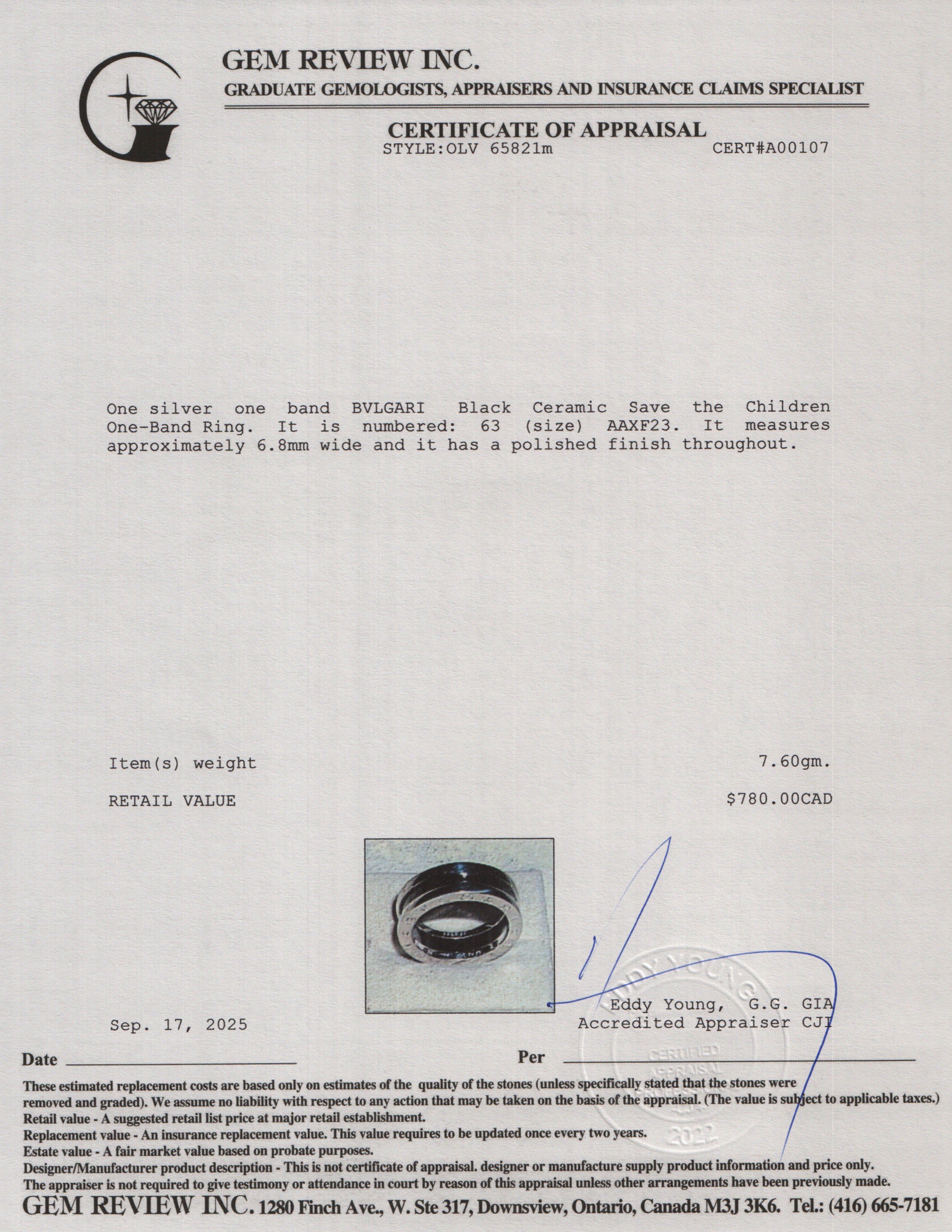 BVLGARI 2025 Sterling Silver Black Ceramic Save the Children One-Band Ring, Size 63 10.25 w/ Box & Certificate