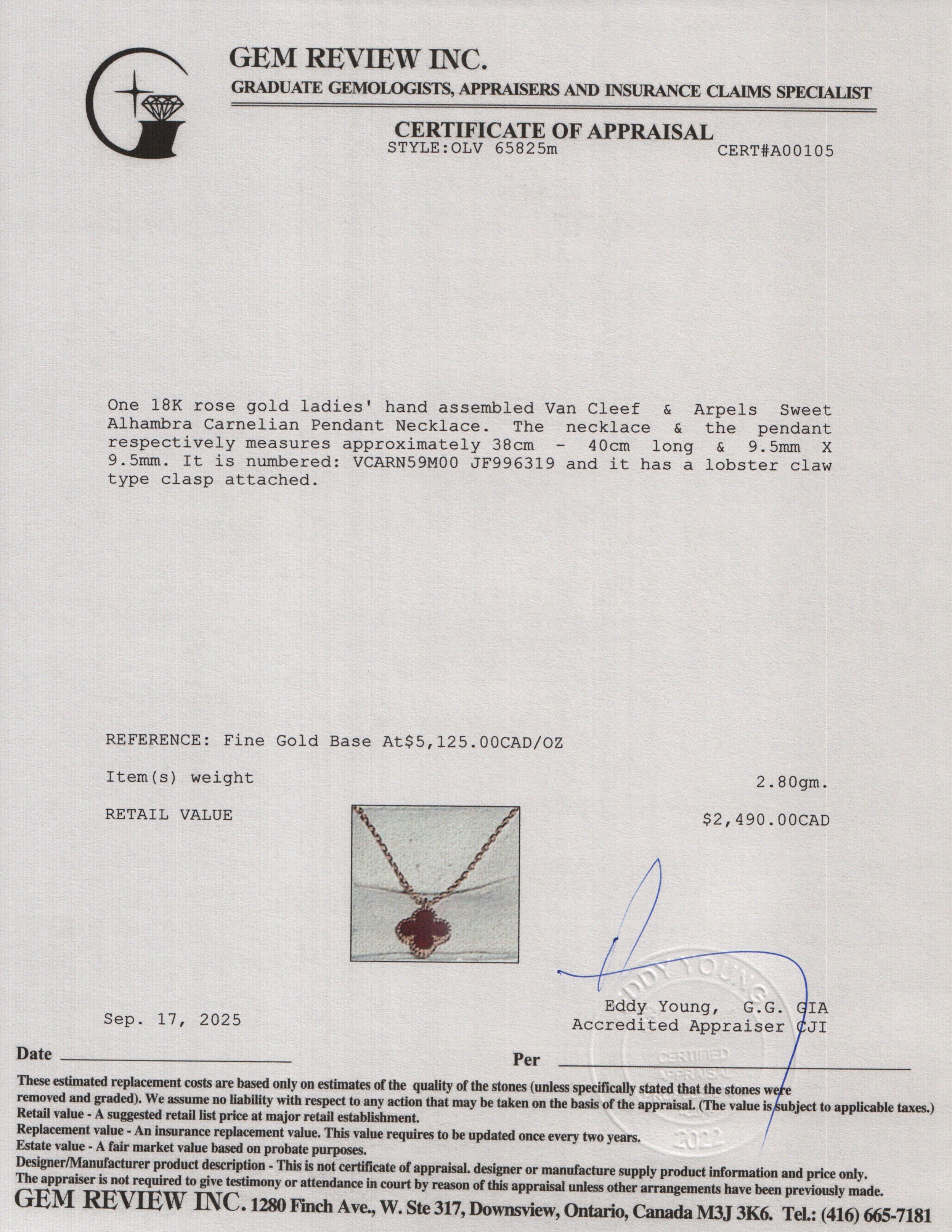 Van Cleef & Arpels 2023 18k Rose Gold Sweet Alhambra Carnelian Pendant Necklace w/ Box, Receipt & Certificate