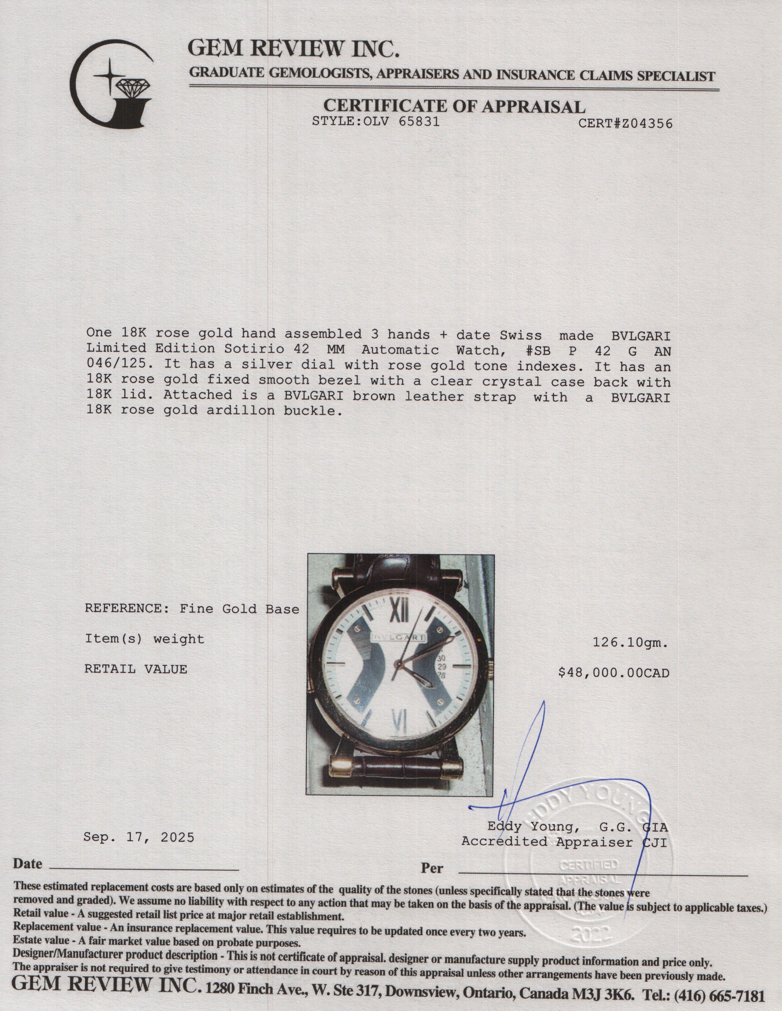 BVLGARI Limited Edition 18k Rose Gold Sotirio 42 MM Automatic Watch SBP42WGLD