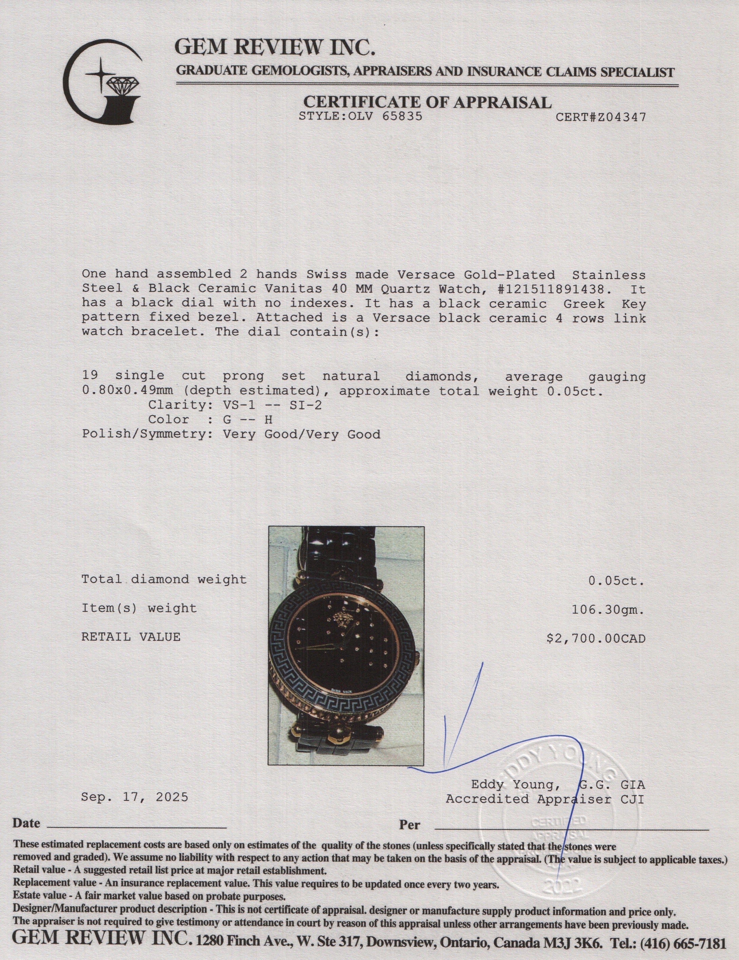 Versace Gold-Plated Stainless Steel & Black Ceramic Vanitas 40 MM Quartz Watch Black Dial w/ Box & Papers