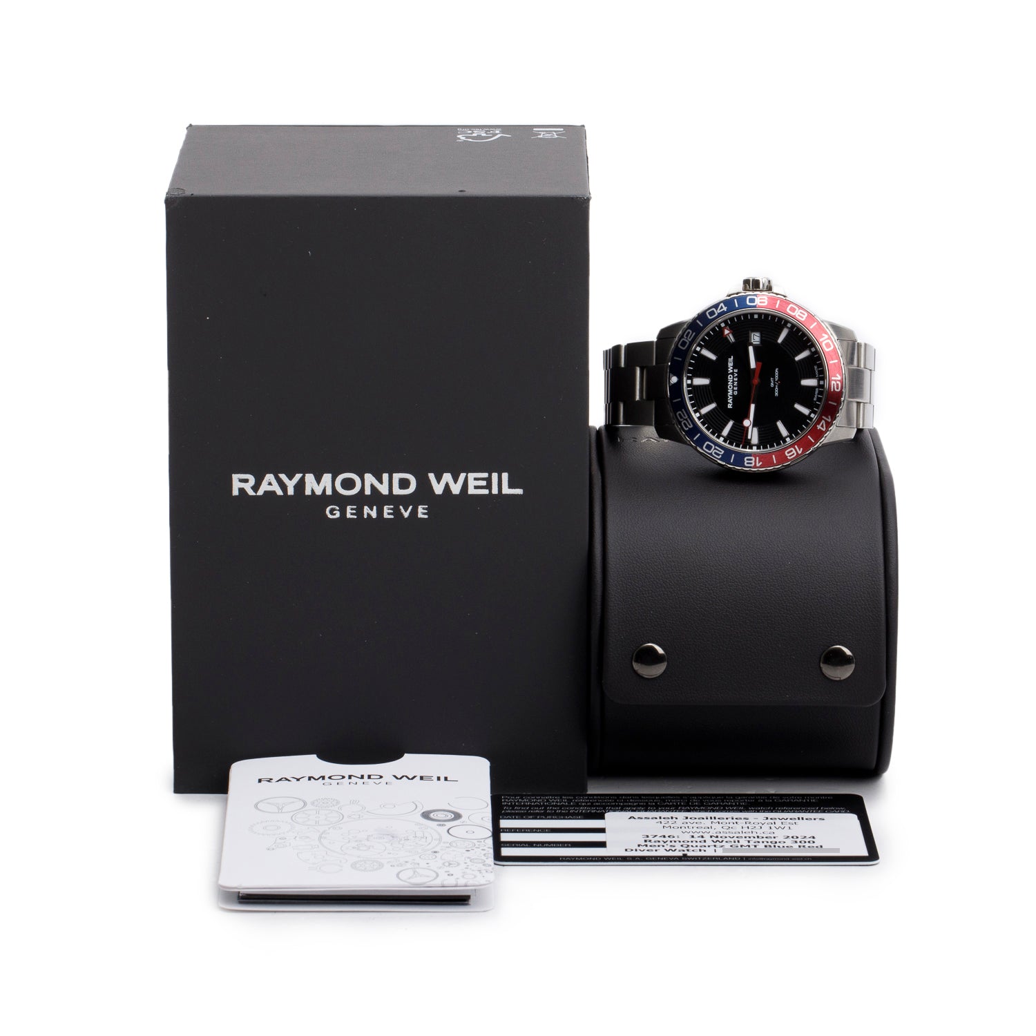 Raymond Weil Stainless Steel Pepsi Bezel Tango 42 MM GMT Quartz Watch Black Dial 8280 w/ Box & Papers