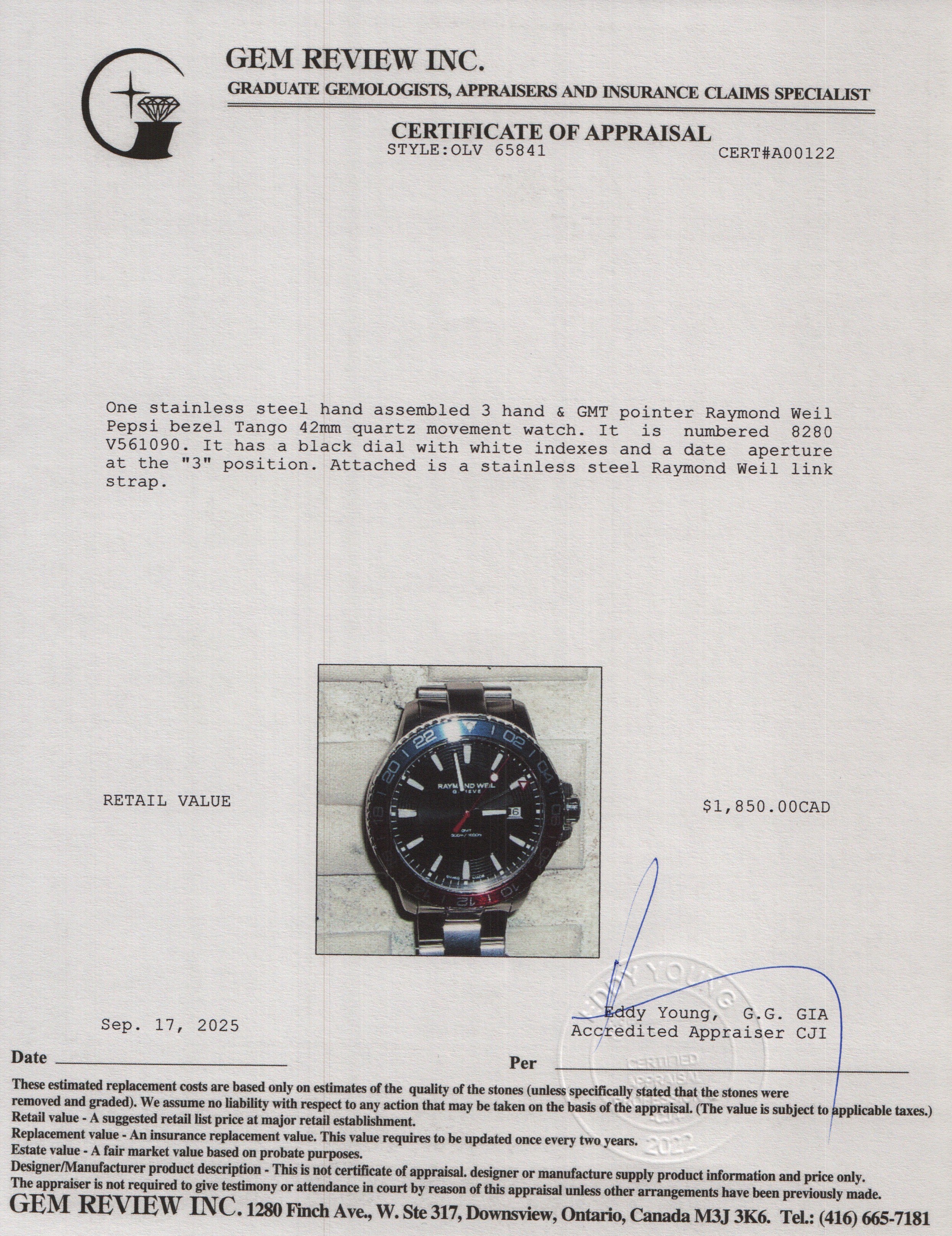 Raymond Weil Stainless Steel Pepsi Bezel Tango 42 MM GMT Quartz Watch Black Dial 8280 w/ Box & Papers