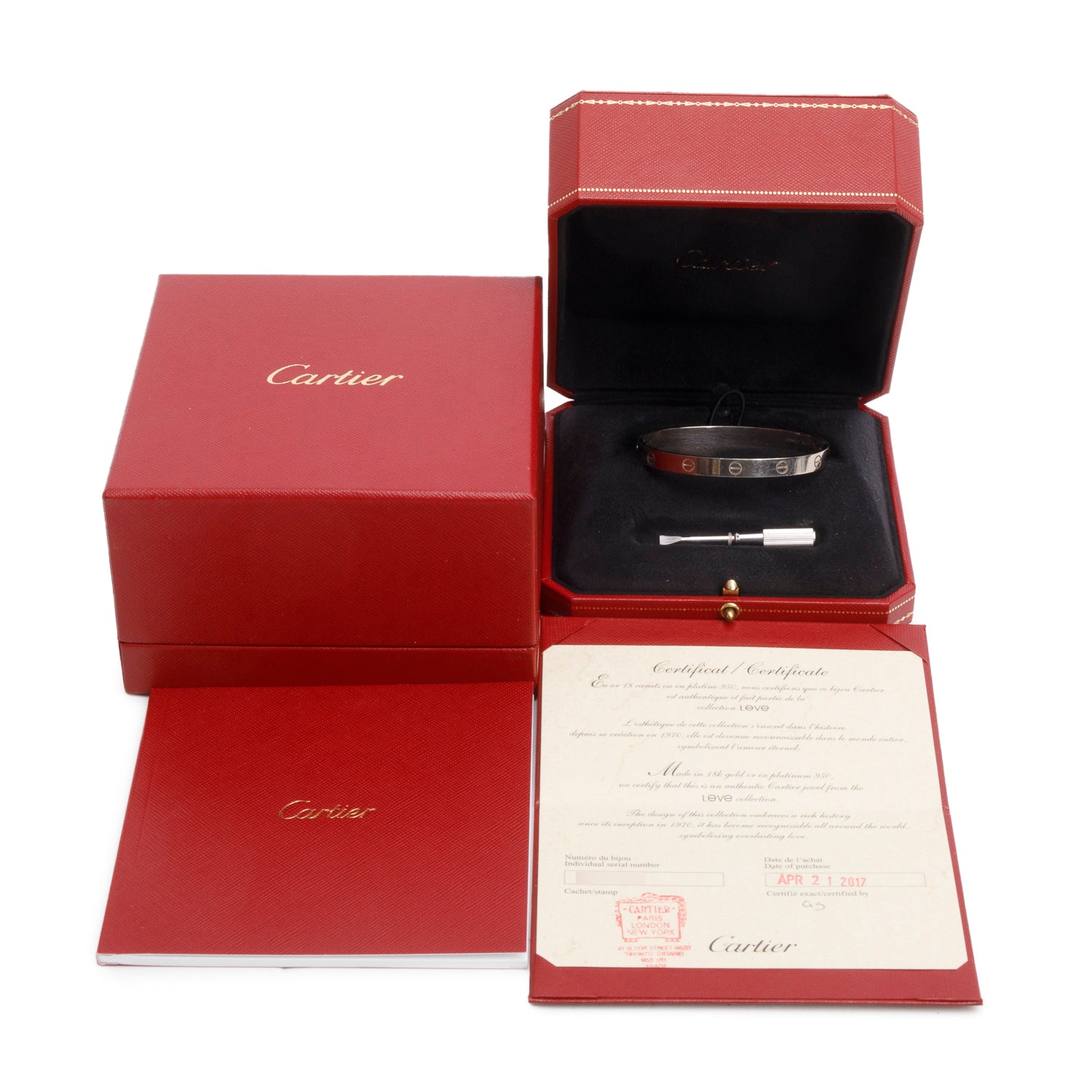 Cartier 18k White Gold Love Bracelet, Size 18 w/ Box & Certificate