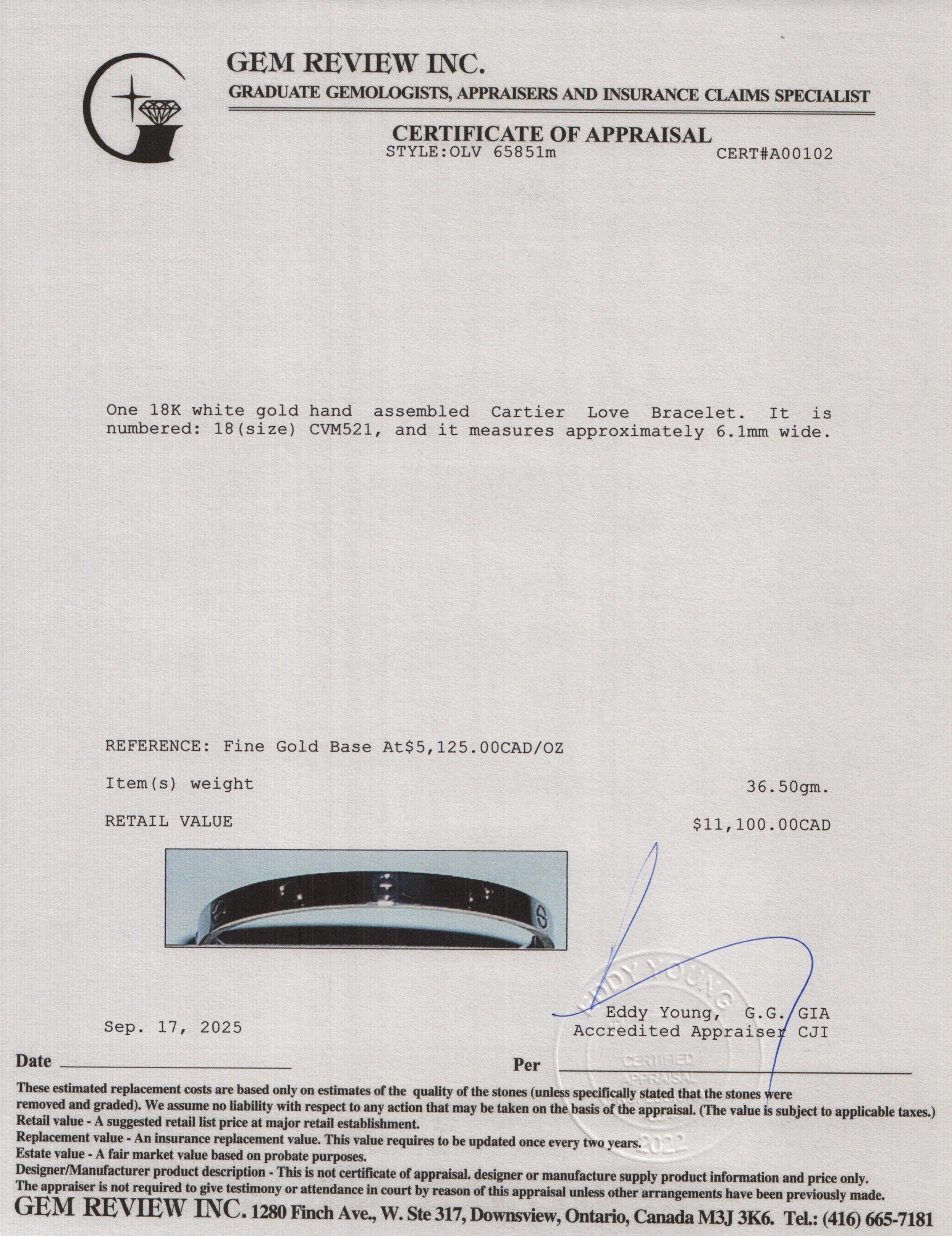 Cartier 18k White Gold Love Bracelet, Size 18 w/ Box & Certificate