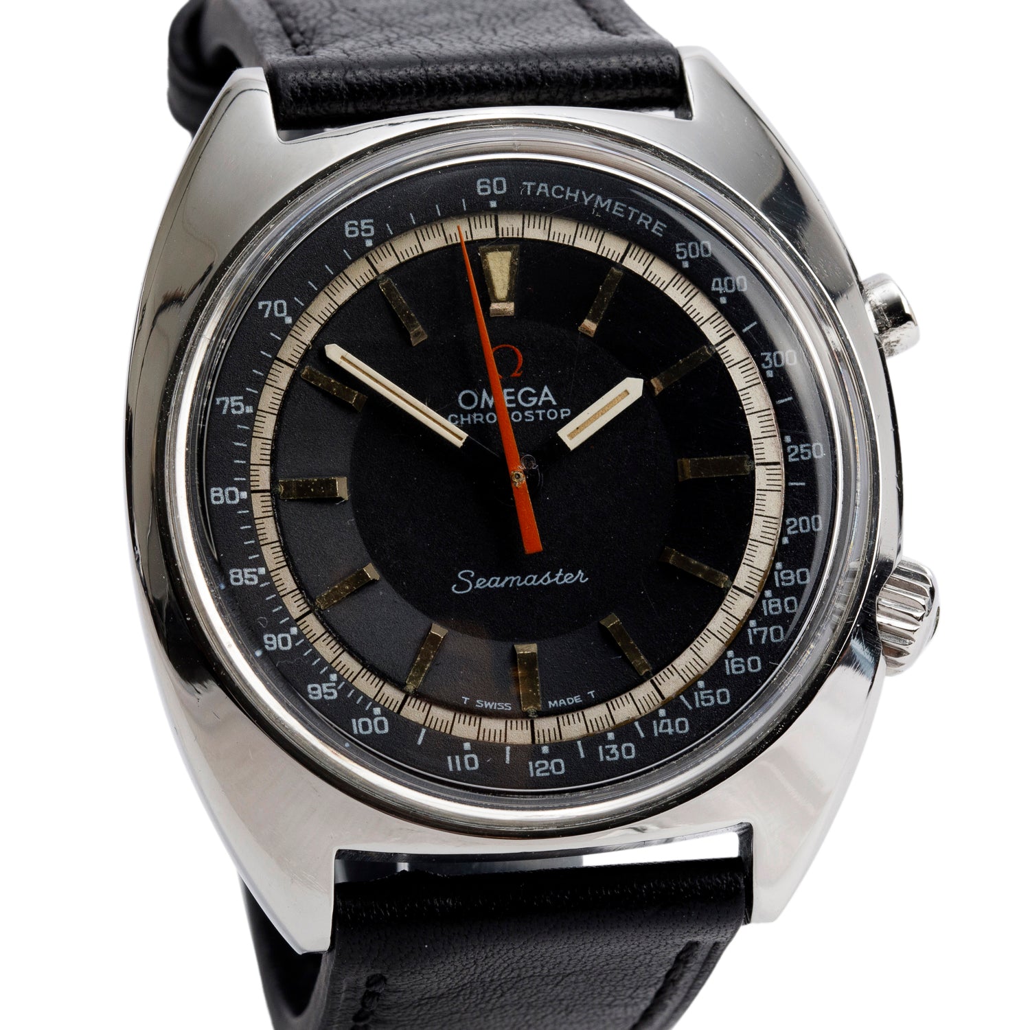 Omega Vintage Stainless Steel Seamaster Chronostop 41 MM Manual Chronograph Watch Black Dial