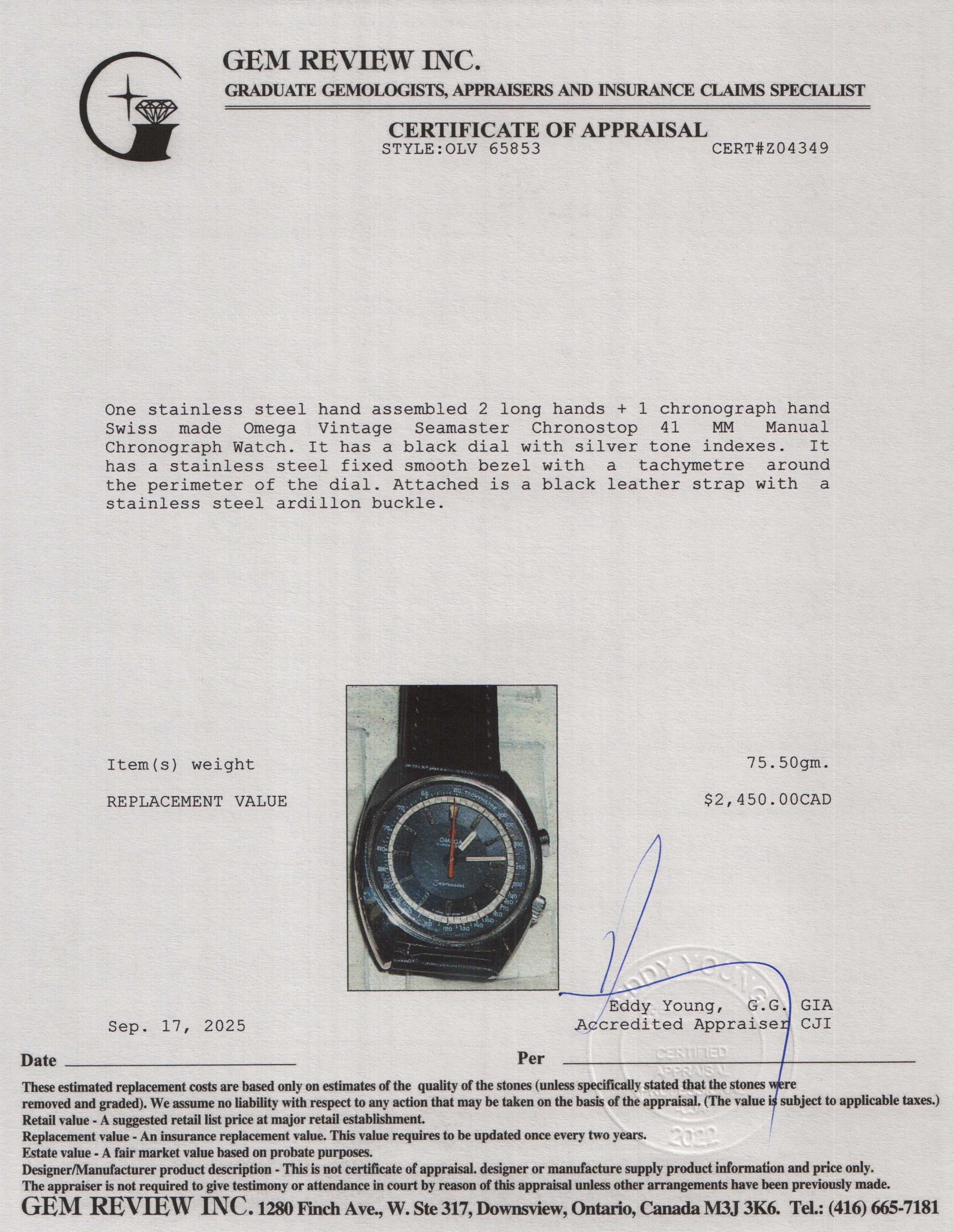 Omega Vintage Stainless Steel Seamaster Chronostop 41 MM Manual Chronograph Watch Black Dial