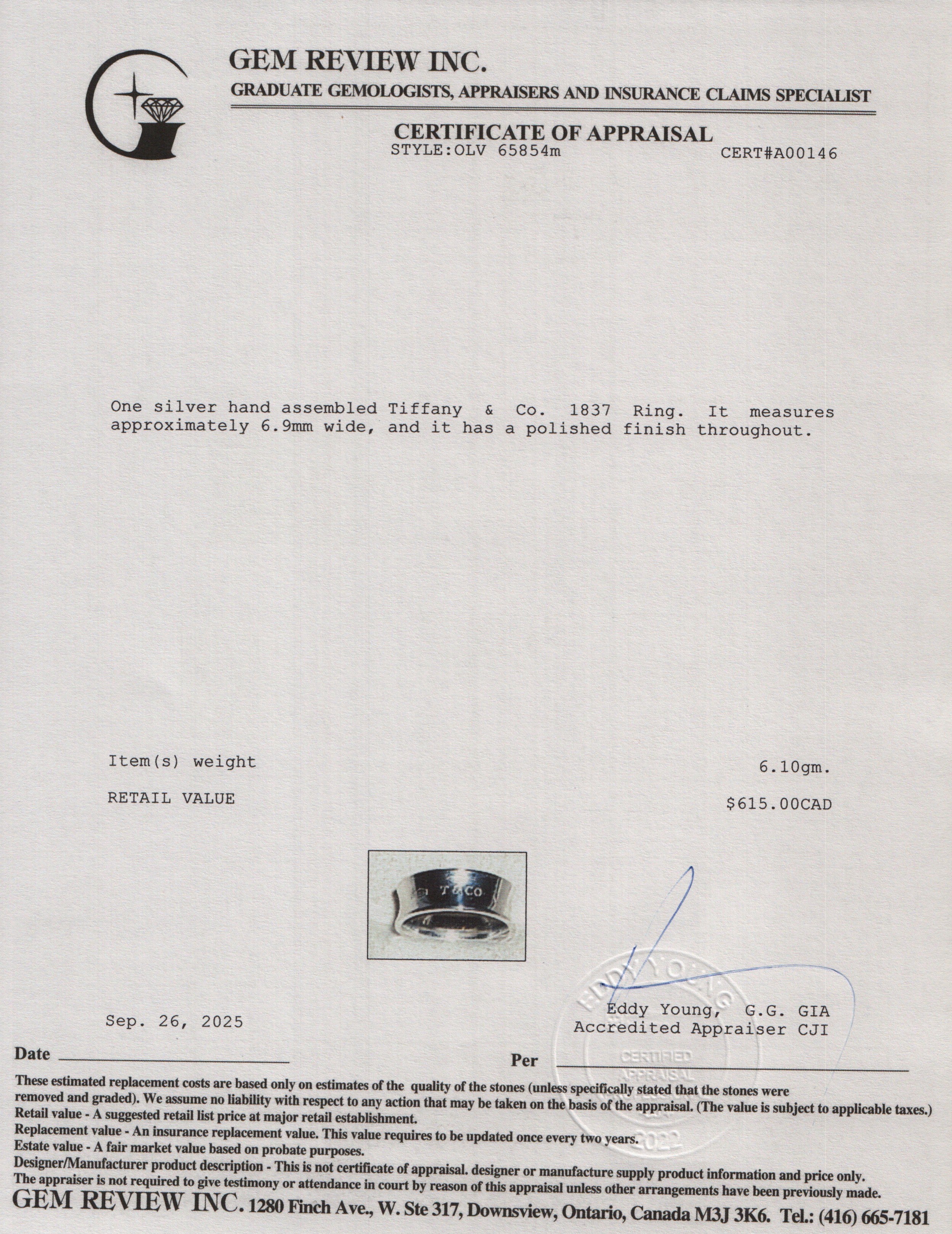 Tiffany & Co. Sterling Silver 1837 Ring, Size 10