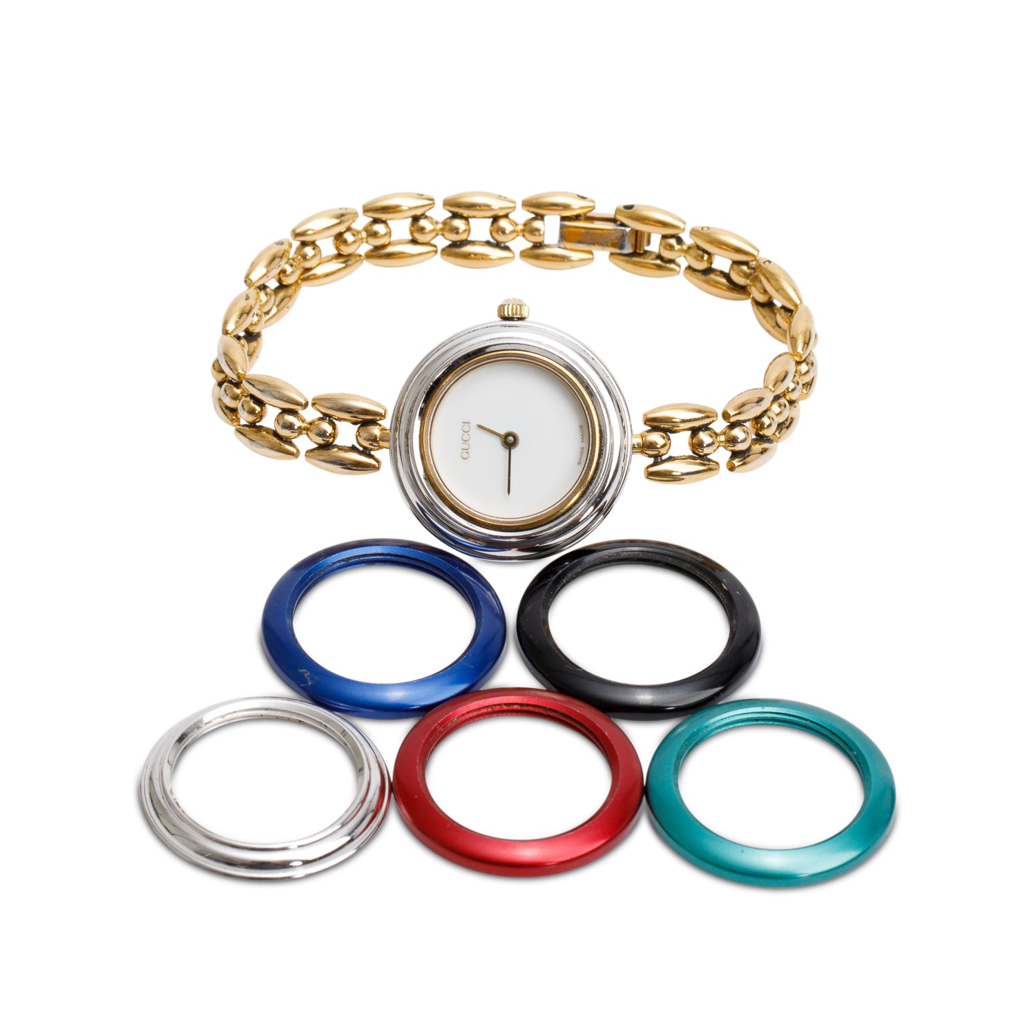 Gucci Gold Plated Stainless Steel 1100 Series 26 MM Watch w/ 5 Multicolour Bezels