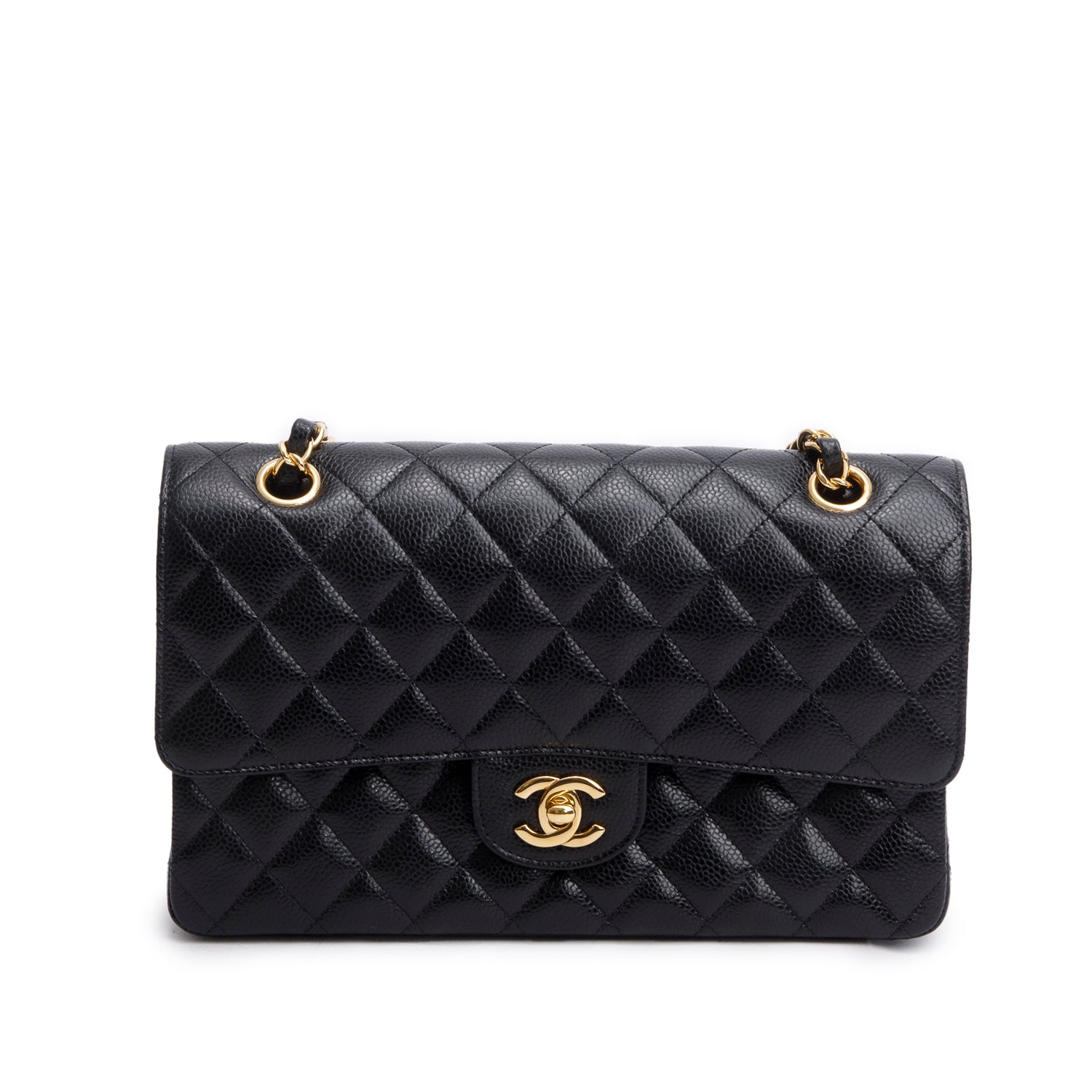 Chanel Black Quilted Caviar Leather Classic Medium Double Flap Bag w/ Box & Authenticity Card