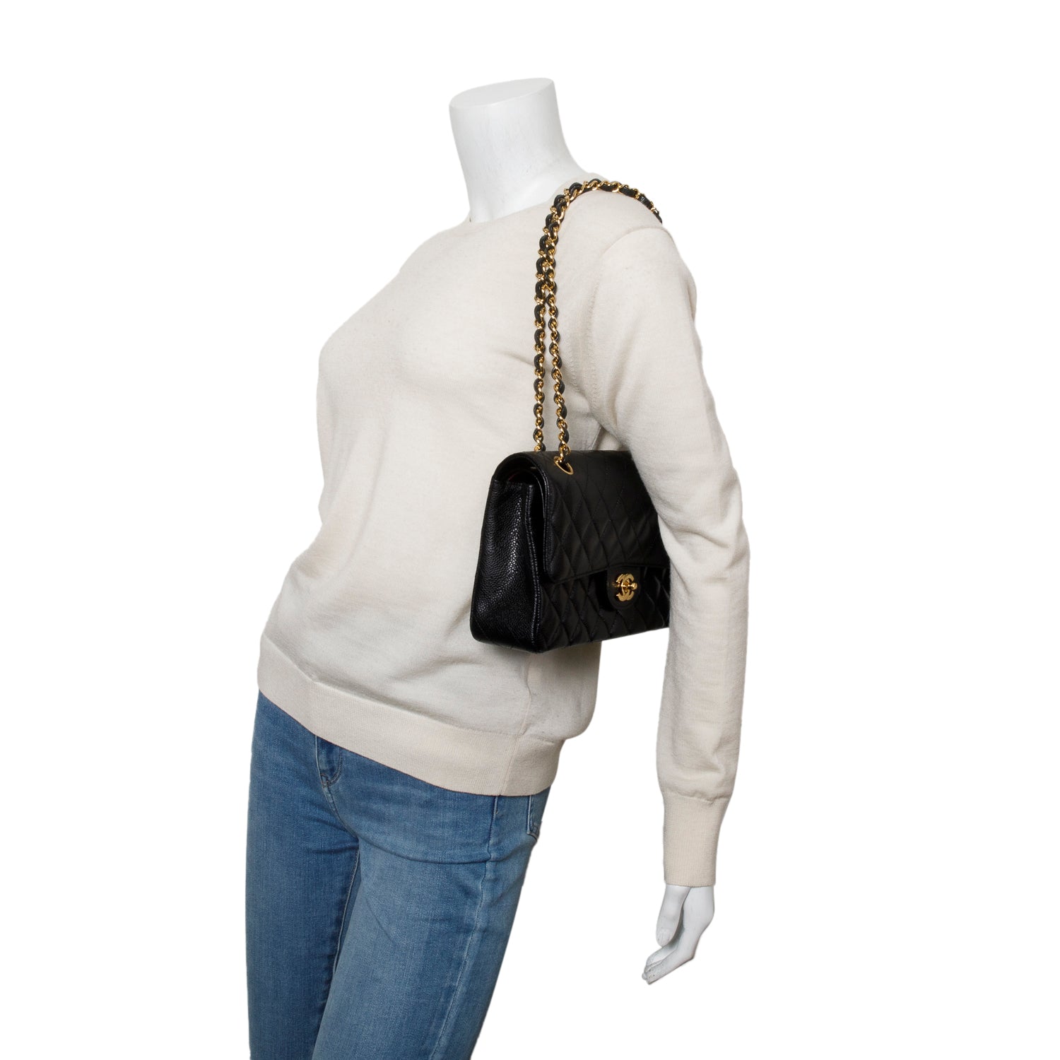Chanel Black Quilted Caviar Leather Classic Medium Double Flap Bag w/ Box & Authenticity Card