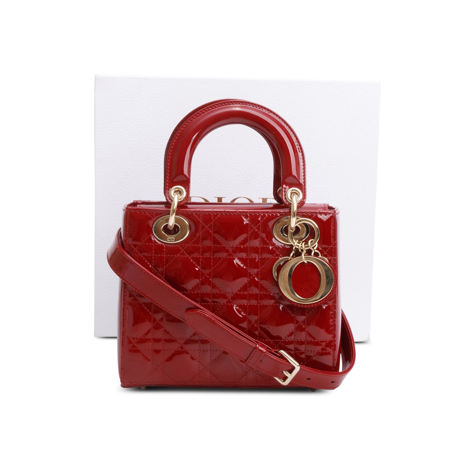 Christian Dior 2022 Red Patent Cannage Leather Small Lady Dior w/ Box, Strap & Authenticity Card