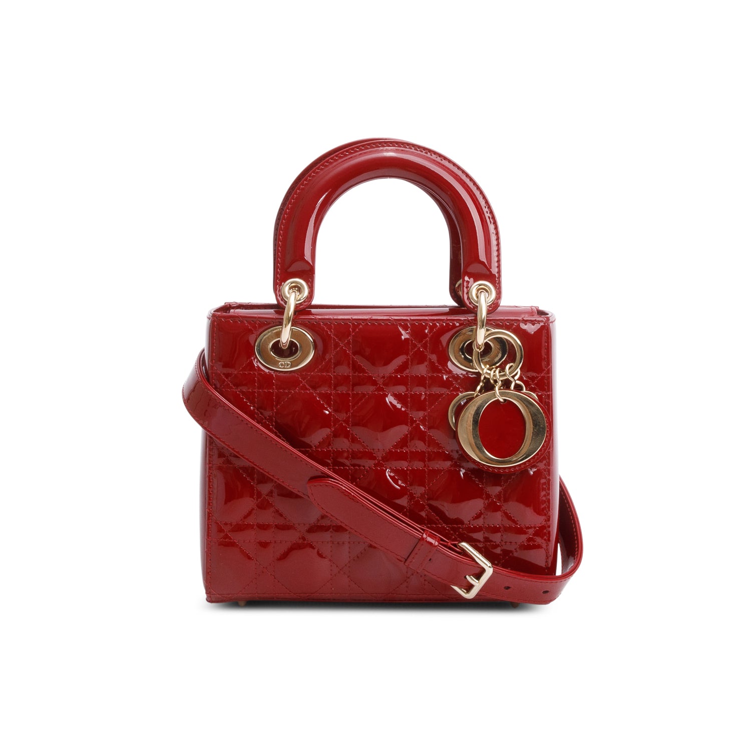 Christian Dior 2022 Red Patent Cannage Leather Small Lady Dior w/ Box, Strap & Authenticity Card