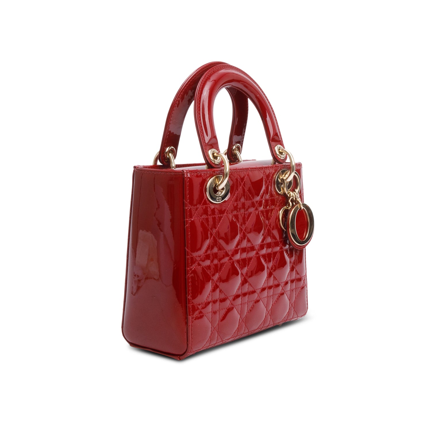Christian Dior 2022 Red Patent Cannage Leather Small Lady Dior w/ Box, Strap & Authenticity Card