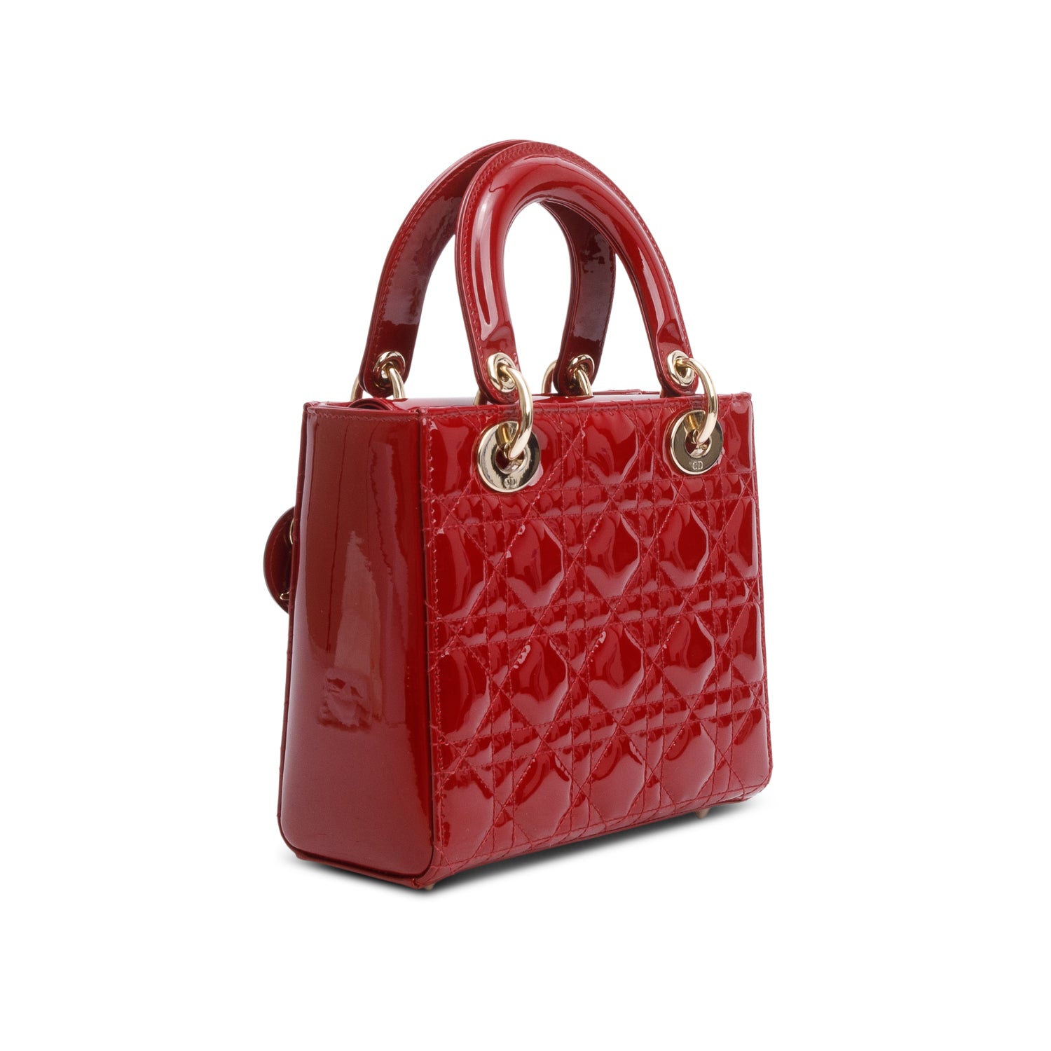 Christian Dior 2022 Red Patent Cannage Leather Small Lady Dior w/ Box, Strap & Authenticity Card