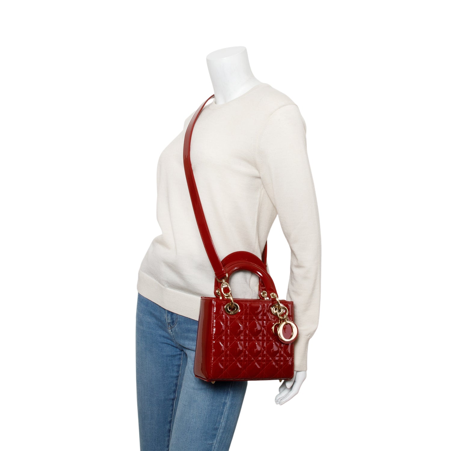 Christian Dior 2022 Red Patent Cannage Leather Small Lady Dior w/ Box, Strap & Authenticity Card