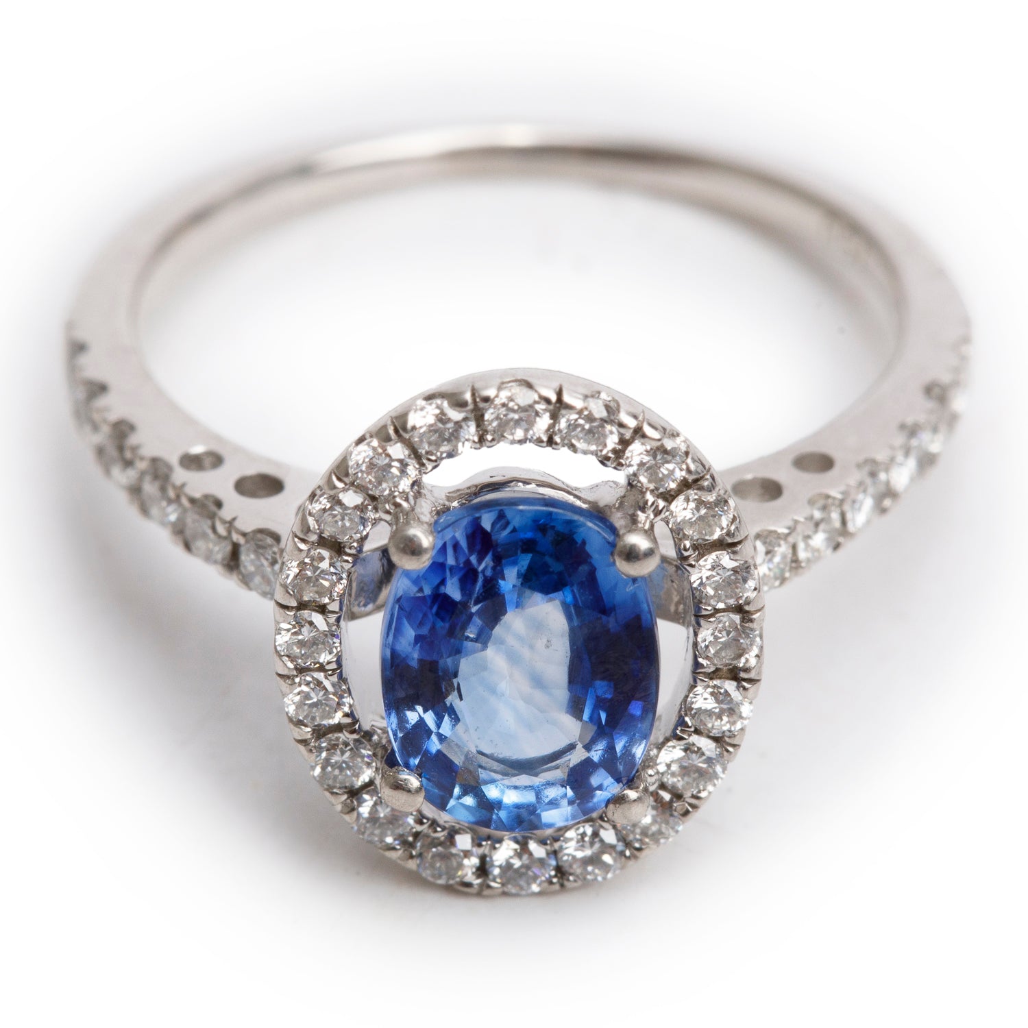 Birks 18k White Gold Blue Sapphire & Diamond Ring, Size 5.5 w/ Box & Certificate