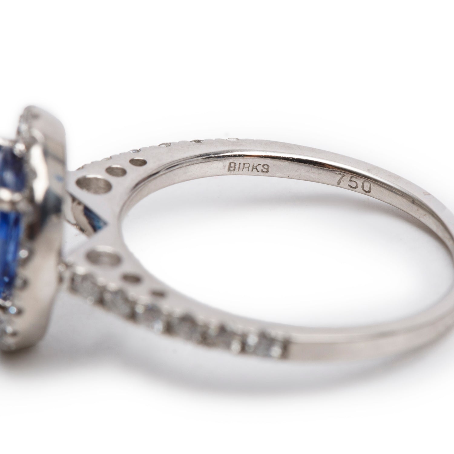 Birks 18k White Gold Blue Sapphire & Diamond Ring, Size 5.5 w/ Box & Certificate