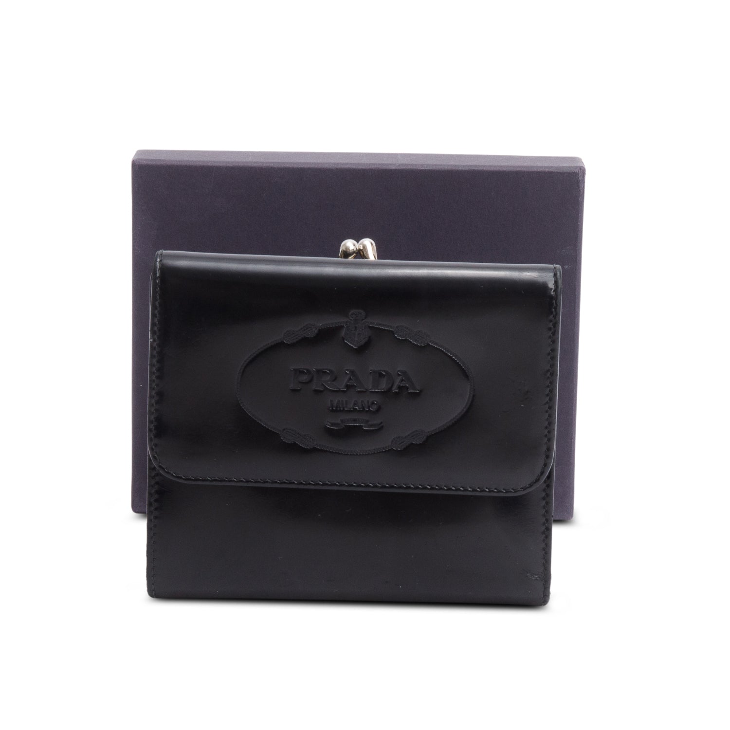 Prada Black Spazzolato Trifold Compact Wallet w/ Box