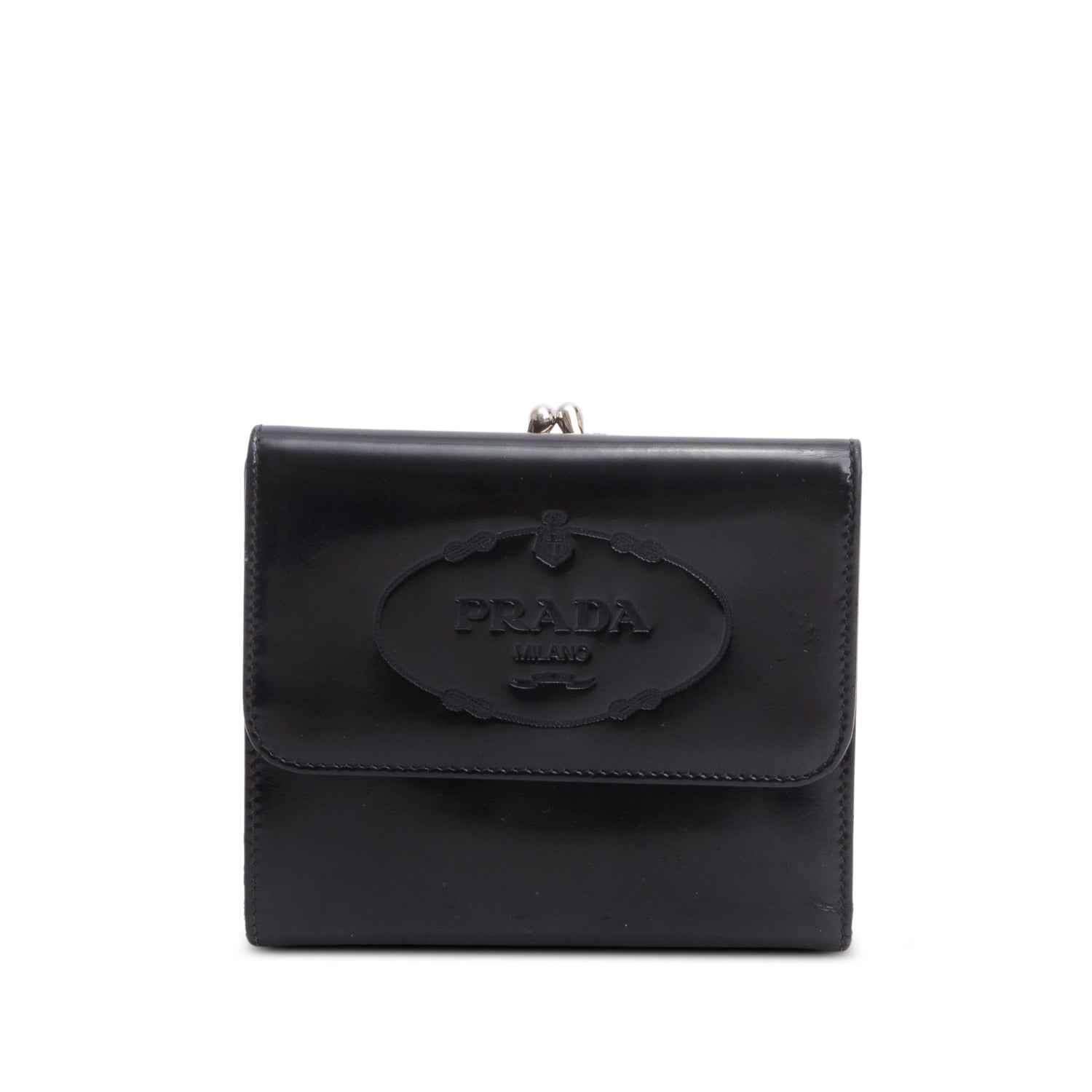 Prada Black Spazzolato Trifold Compact Wallet w/ Box