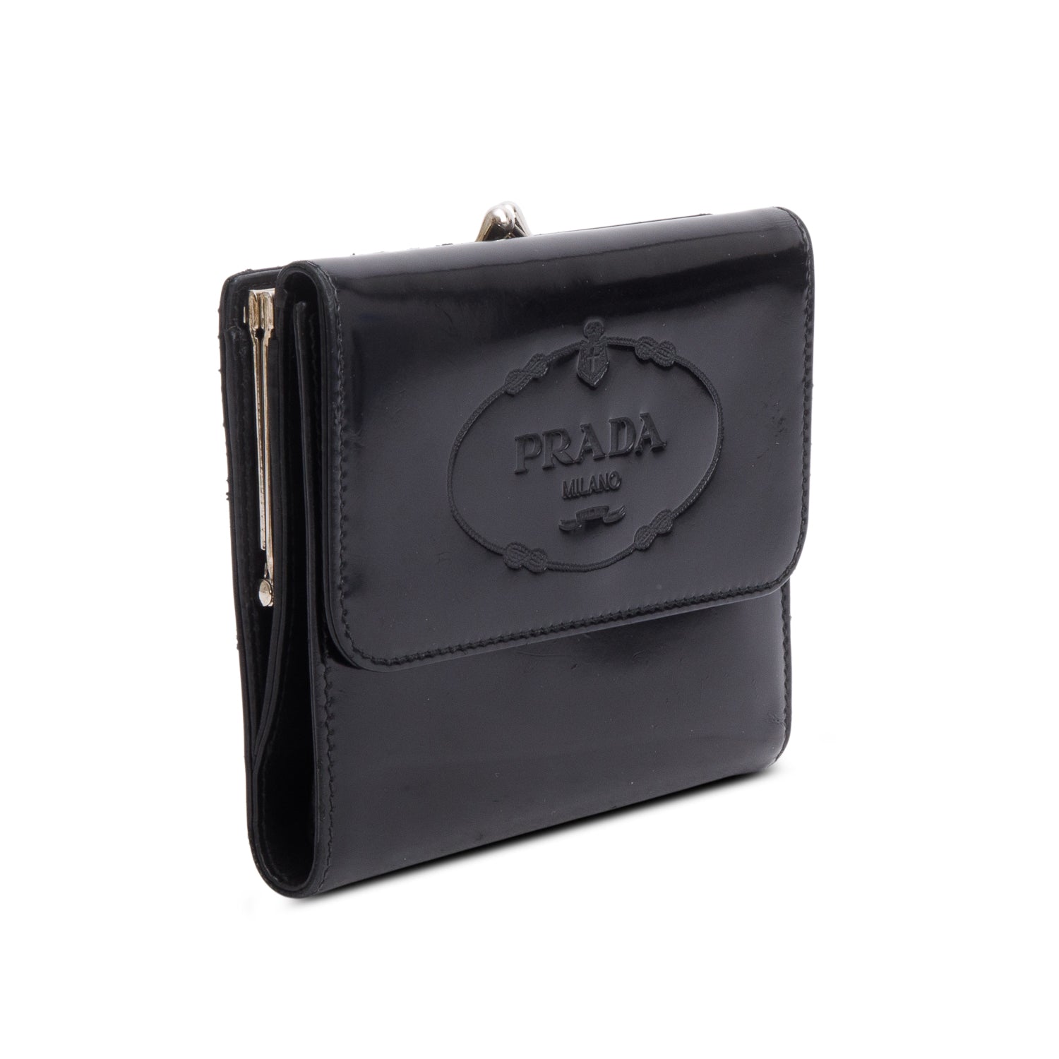 Prada Black Spazzolato Trifold Compact Wallet w/ Box