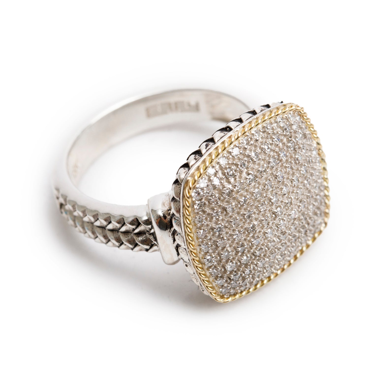 Effy Sterling Silver and 18k Yellow Gold Pave Diamond Cushion Top Ring, Size 7 w/ Box