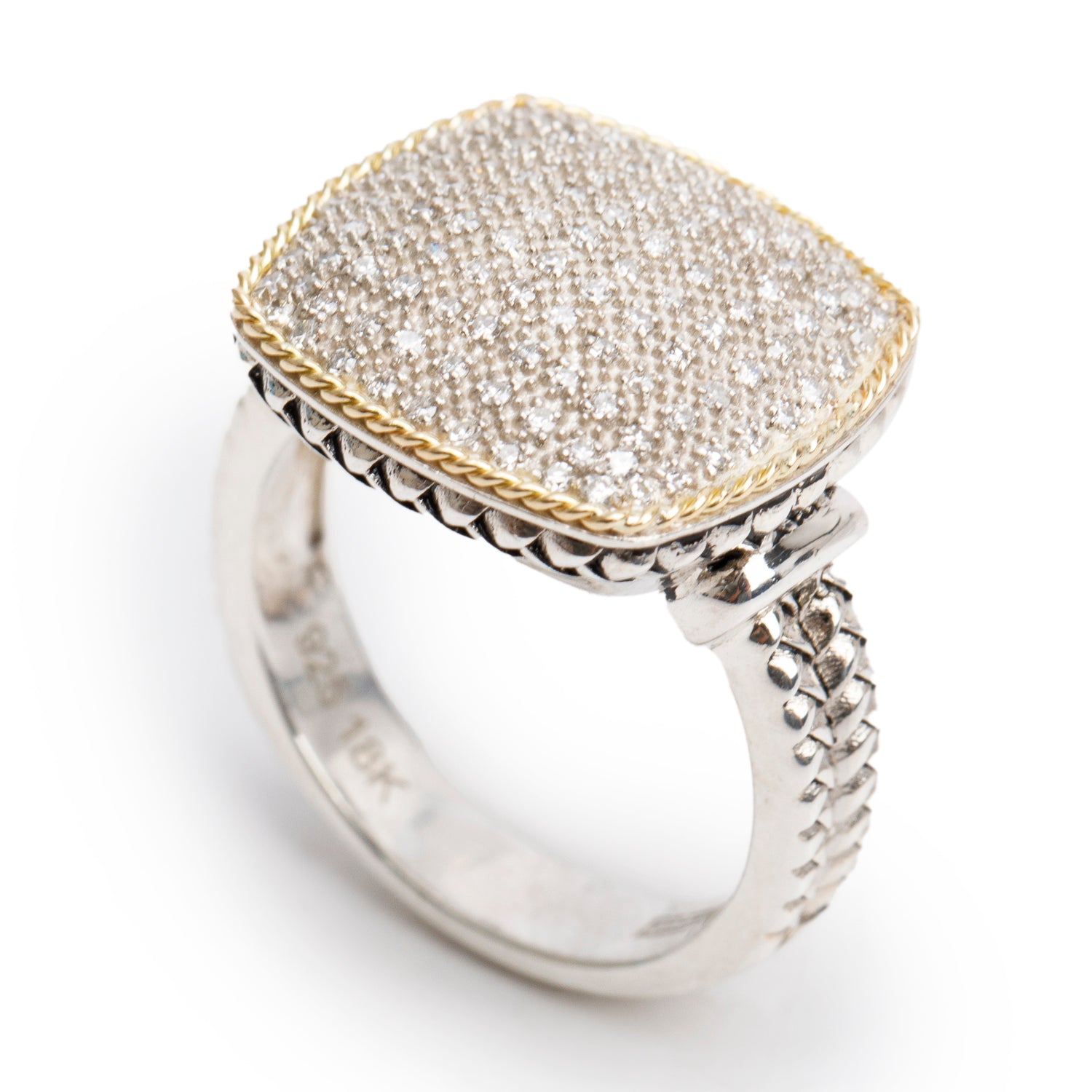Effy Sterling Silver and 18k Yellow Gold Pave Diamond Cushion Top Ring, Size 7 w/ Box