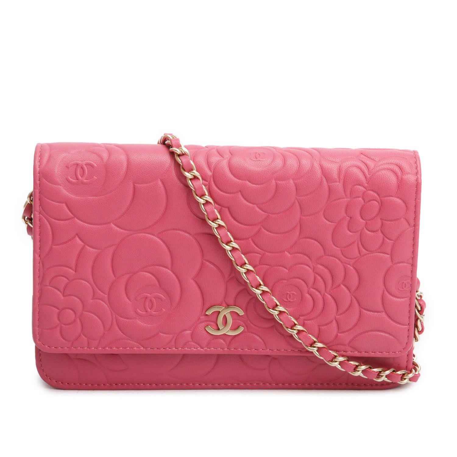 Chanel Pink Lambskin Camellia Embossed Wallet on Chain w/ Box & Authenticity Card