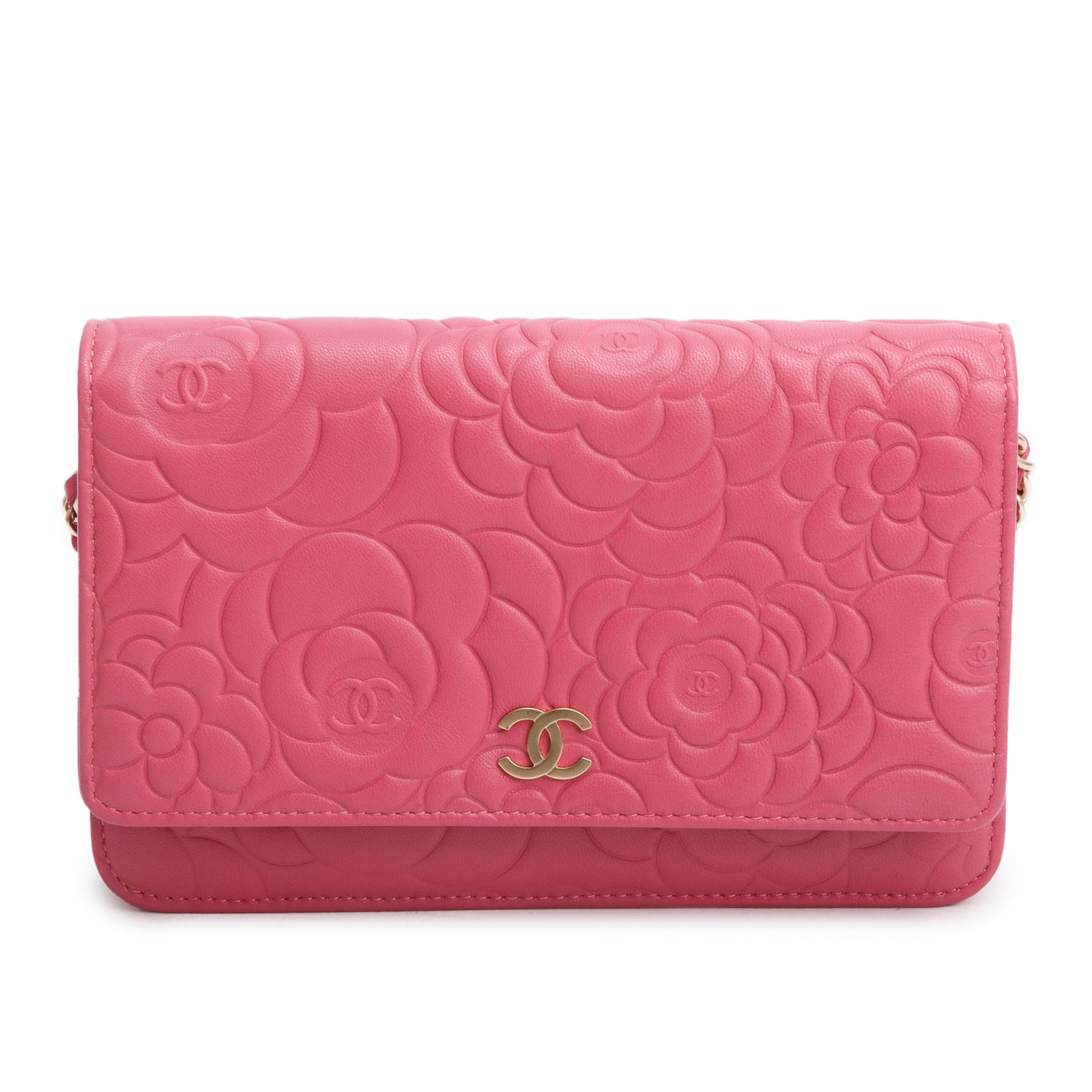 Chanel Pink Lambskin Camellia Embossed Wallet on Chain w/ Box & Authenticity Card