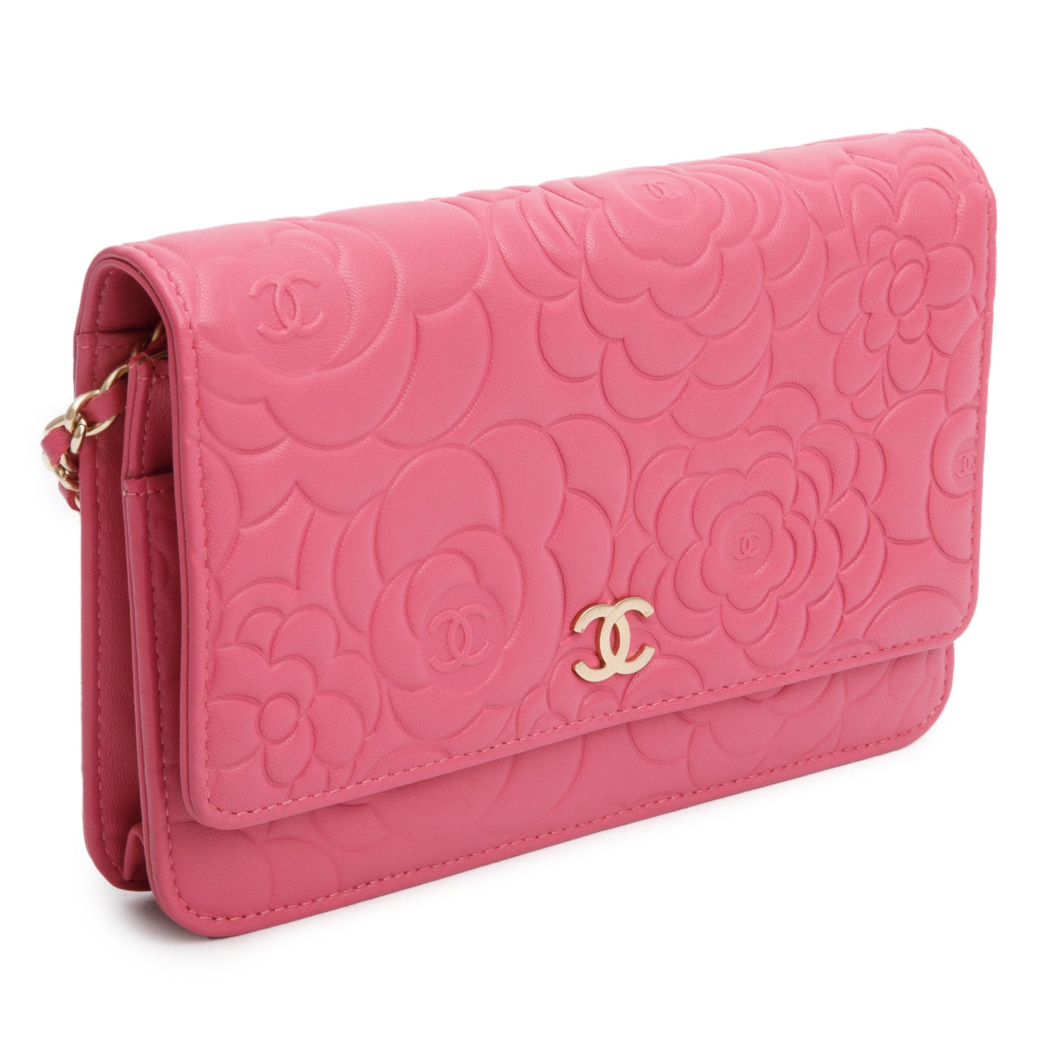 Chanel Pink Lambskin Camellia Embossed Wallet on Chain w/ Box & Authenticity Card