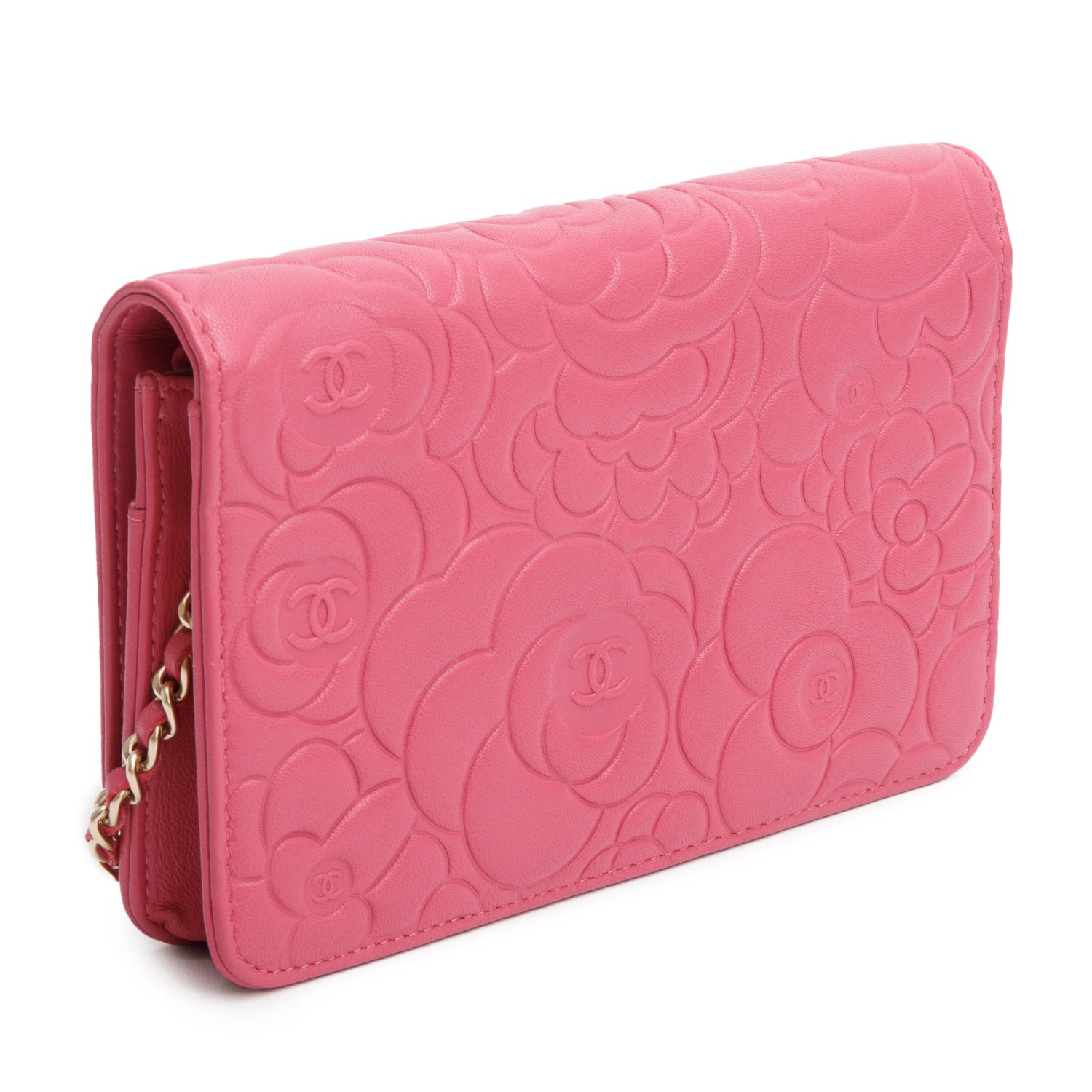 Chanel Pink Lambskin Camellia Embossed Wallet on Chain w/ Box & Authenticity Card