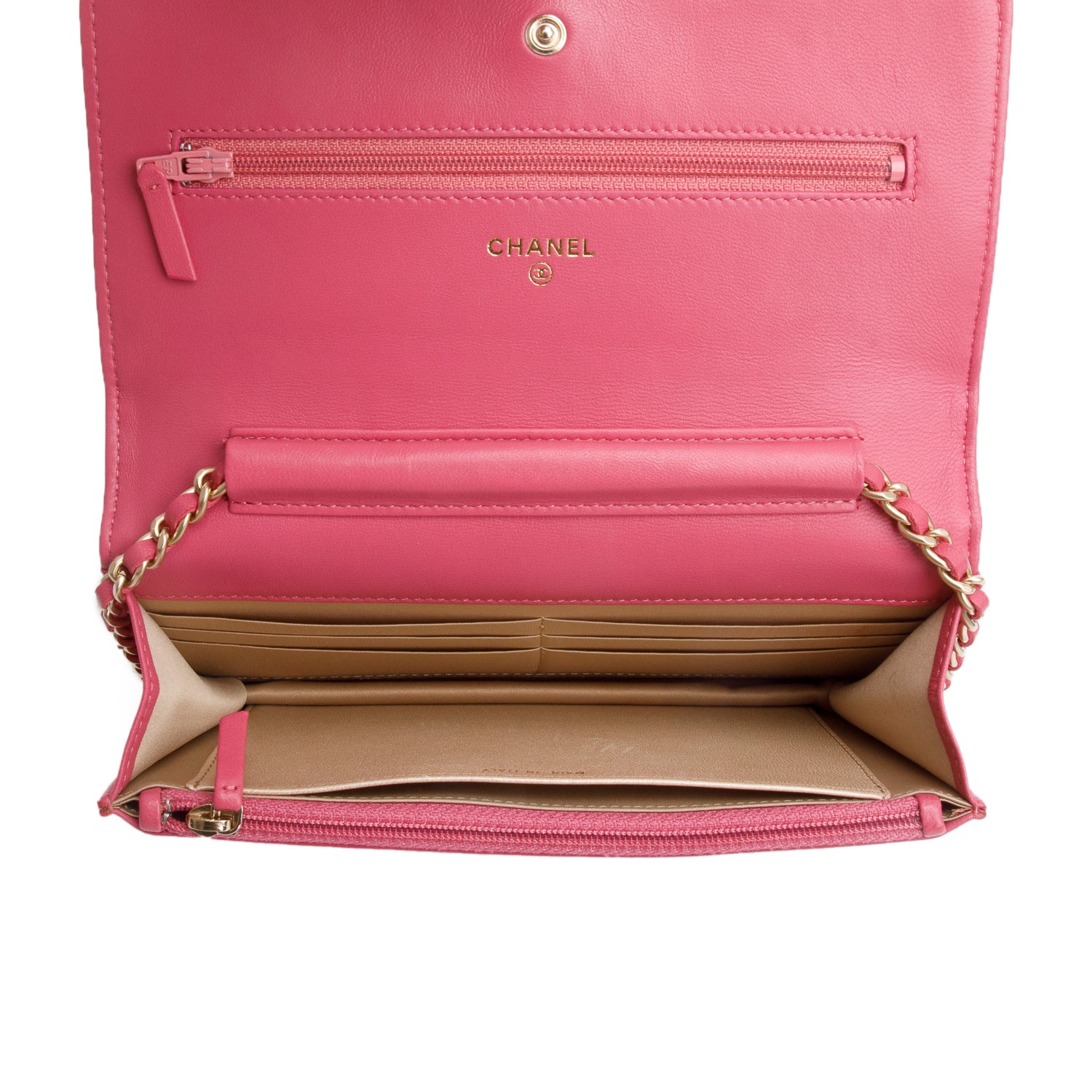 Chanel Pink Lambskin Camellia Embossed Wallet on Chain w/ Box & Authenticity Card