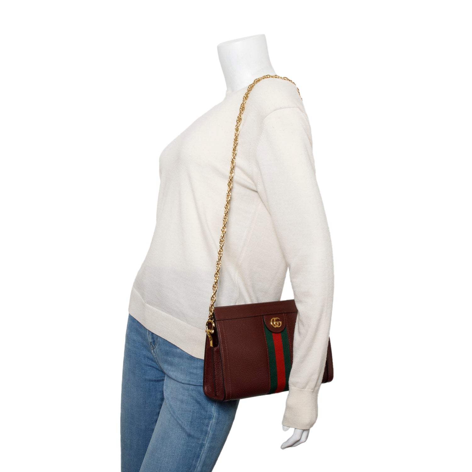 Gucci Burgundy Leather Web Ophidia Medium Chain Shoulder Bag