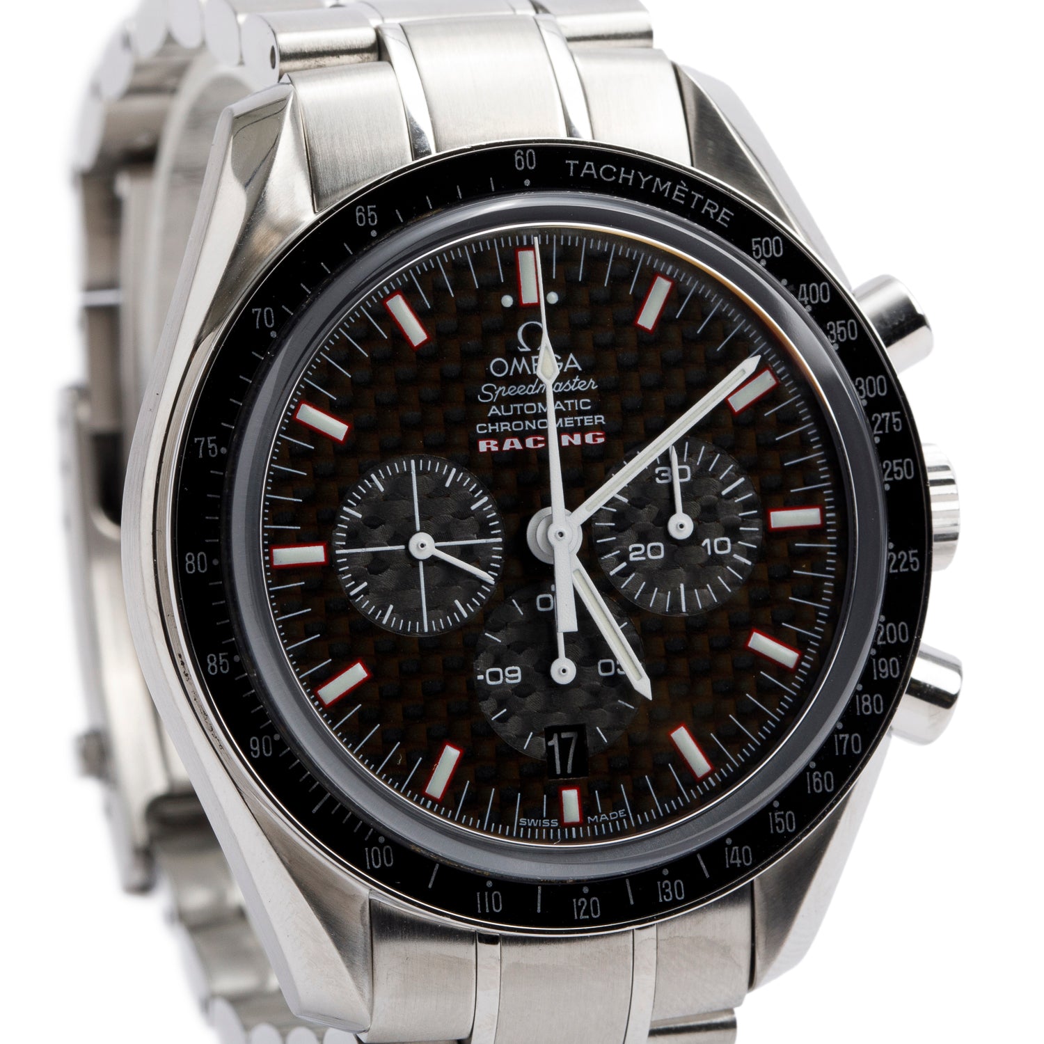 Omega Stainless Steel Speedmaster Schumacher Racing 42 MM Chronograph Automatic Watch Black Carbon Dial