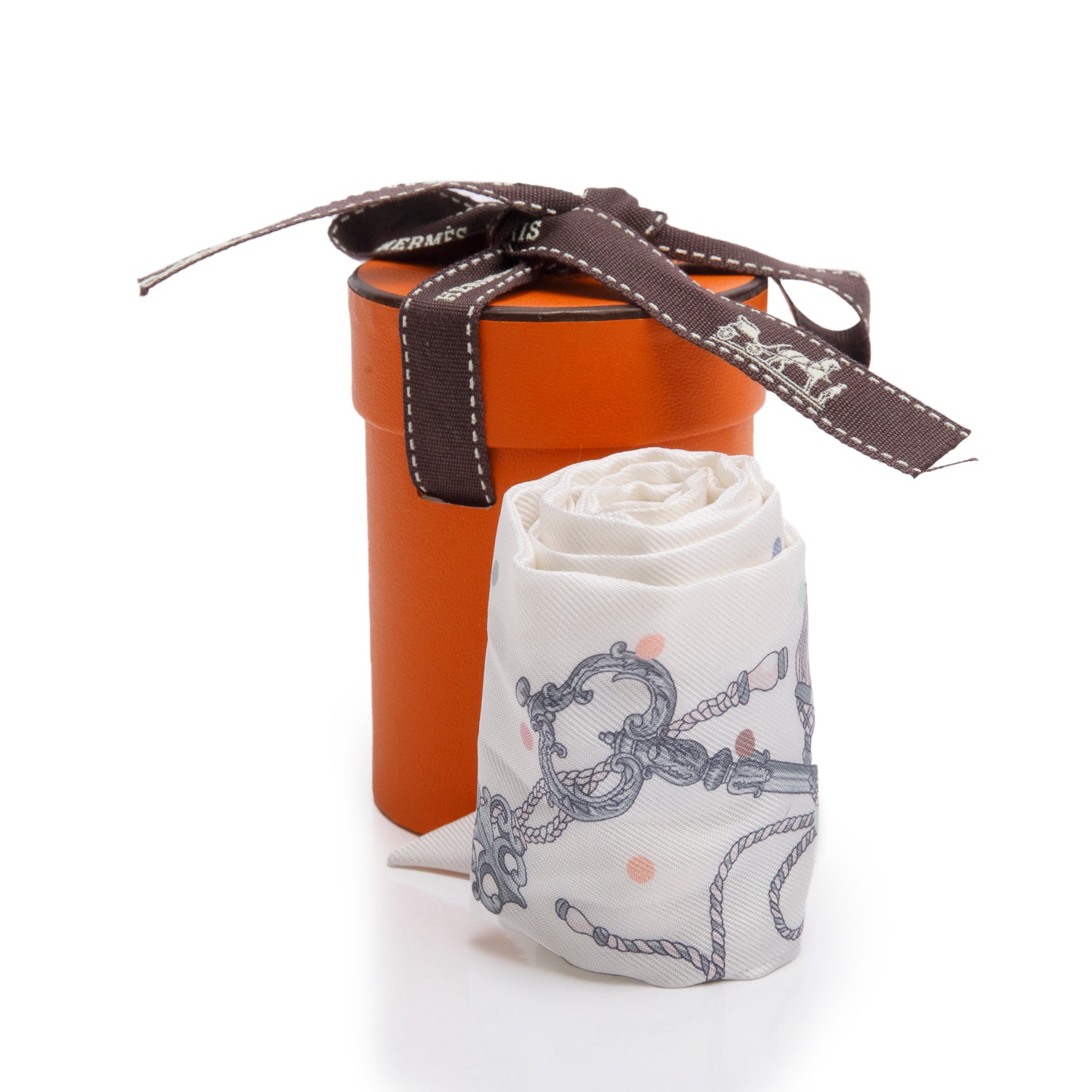 Hermes White 'Les Cles a Pois' Silk Twilly w/ Box