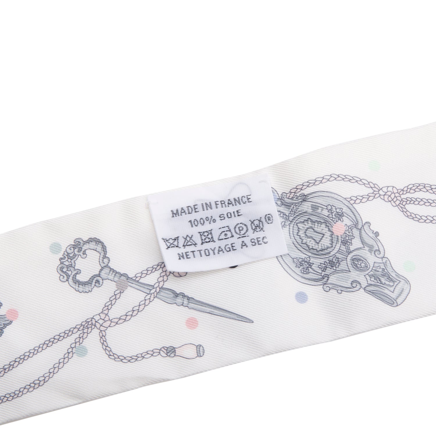 Hermes White 'Les Cles a Pois' Silk Twilly w/ Box